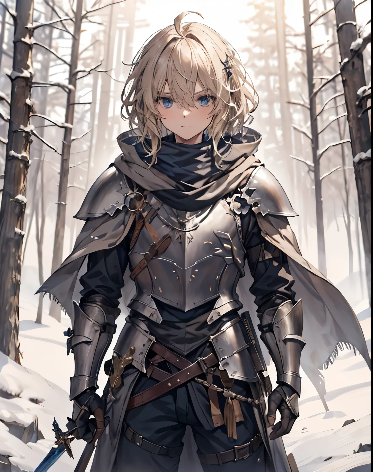 masterpiece, 1men, sparrow, a blonde haired men, wearing a black medieval armored knight, curly medium hair, messy hair, slim body, wearing knight clothes, he close her left eye, shirt ornament, mad expression, blue eyes, stand at snowy forest, ahoge, grey vest, baby face, shawl, full armor, bring big shield in his back, beautiful eyes