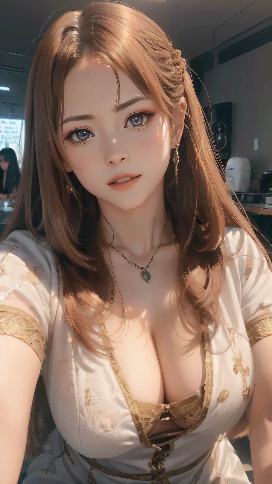 (random sexy pose:1.5),extreme close up,1 girl,(highly detailed skin),crooked,,beautiful胸,(big breasts),pale skin,pointed chest,erect nipples,(fantasy art,best image quality,surrealist portrait,(8K),Super realistic,最high quality, high quality, High resolution, high quality texture,high detail,beautiful,Detailed,Very detailed CG,Detailedテクスチャー,realistic expression of face,masterpiece,sense of presence,dynamic,bold),ponytail,(super thin hair),(super soft hair),(ultra straight hair:1.5),long flowing bangs,extra light coppery amber hair,hair above one eye,dressed,