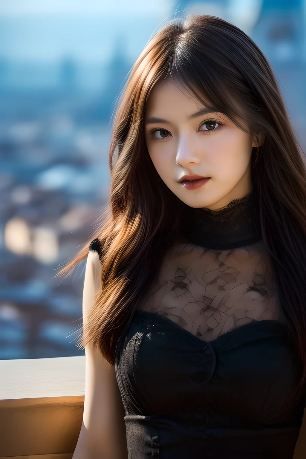 Ulchan-6500-v1.1,(masterpiece, highest quality:1.3), (Ultra-detailed 8K:1.2), (hyperrealistic:1.35),(Raw photo:1.2),highest quality, High resolution, wallpaper, realistic, bright lighting, professional lighting, face light, smooth lighting, BREAK Japanese women, 20-year-old, cute, action, gravure, sexy, wearing , super beautiful, beautiful skin, beautiful and detailed eyes, detailed face, slim, moderately, clean long hair, brunette hair, dark brown eyes, look at the camera, (full shot:1.3), (Gothic streets of Milan, Italy:1.3),(lace dress:1.3),