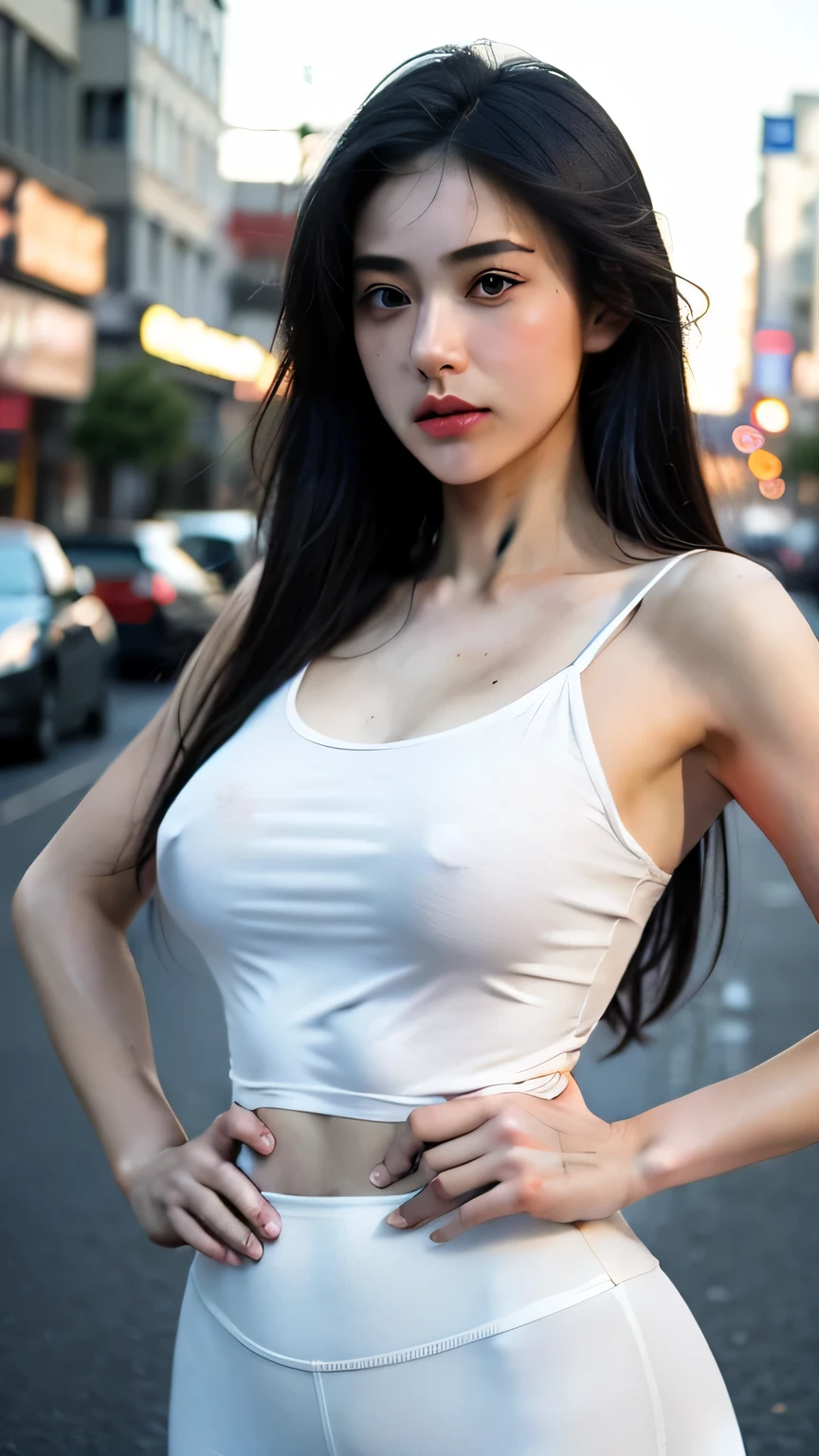 (masterpiece:1.4), (8k, photorealistic, RAW photo, best quality: 1.4), japanese, (1girl), beautiful face, (realistic face:1.4), (blue hair, long hair:1.3), beautiful hairstyle, realistic blue eyes, beautiful detailed eyes, (realistic skin:1.3), beautiful skin, attractive, ultra high res, ultra realistic, highly detailed, golden ratio, (detailed face:1.4), looking at viewer, open white shirt, (realistic medium breasts:1.4), standing, hand on hip, transparent wet shirt, (braless:1.4), wet, nipple standout, wear tight white leggings, cameltoe, nsfw, city street, dynamic lighting,