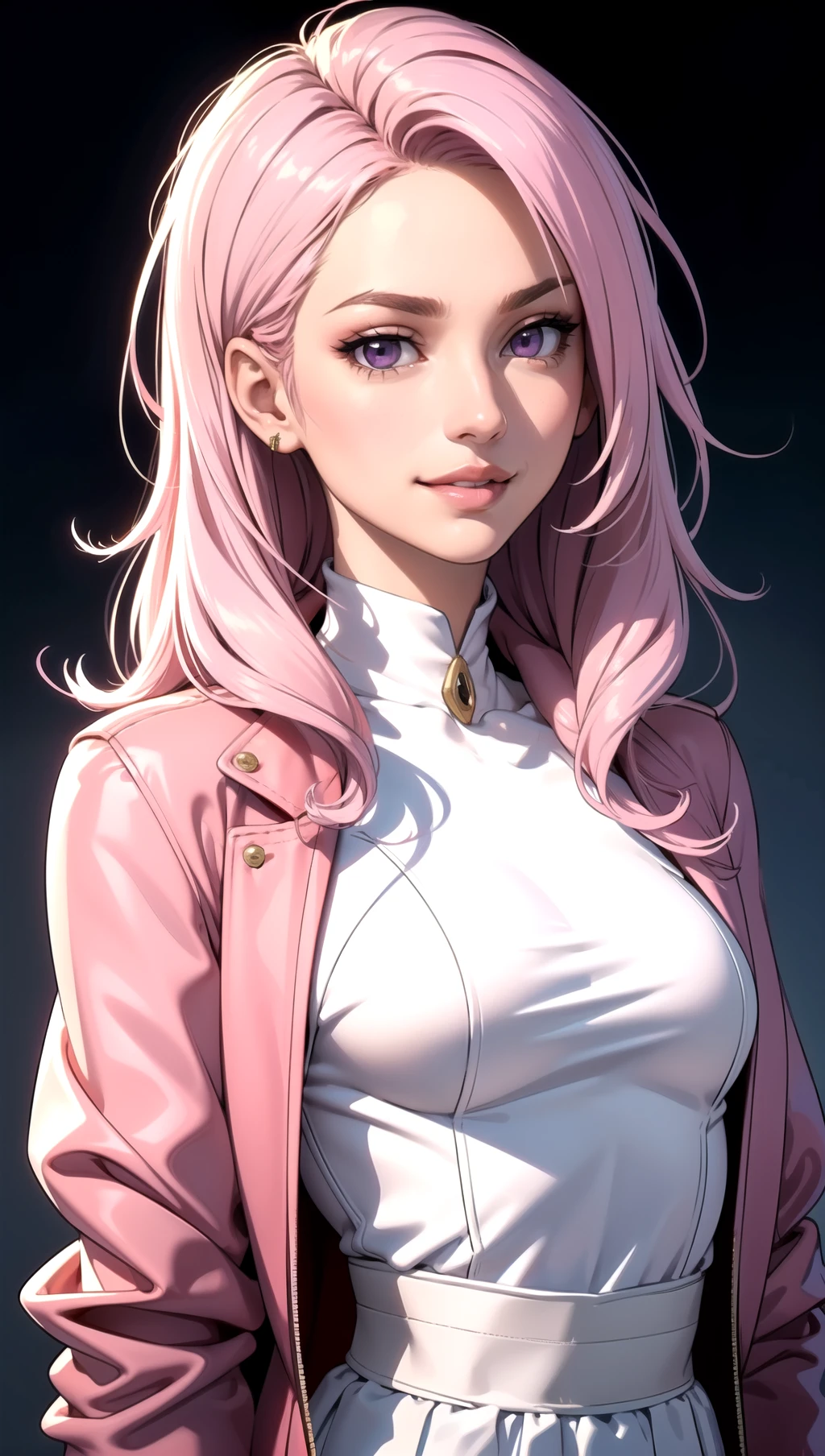 (masterpiece, best quality), intricate details, thin, ((slim)), beautiful girl, Light pink hair, white skin, light purple eyes, sharp jawline, cropped jacket, messy hair, lips, upper body, smirk