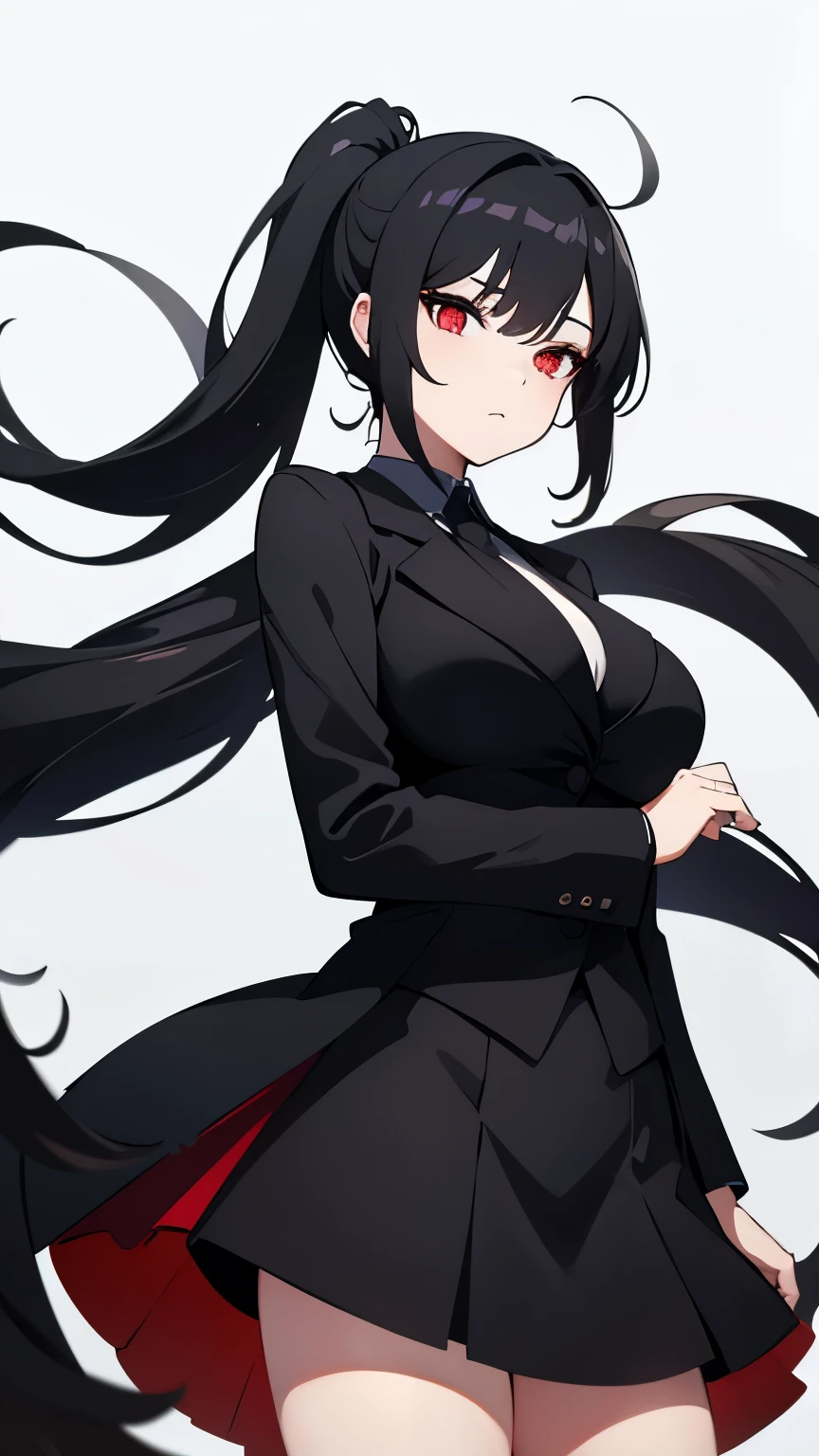 Big breasts Black hair Long ponytail Red eyes Black microskirt Black clothes Black tie White background