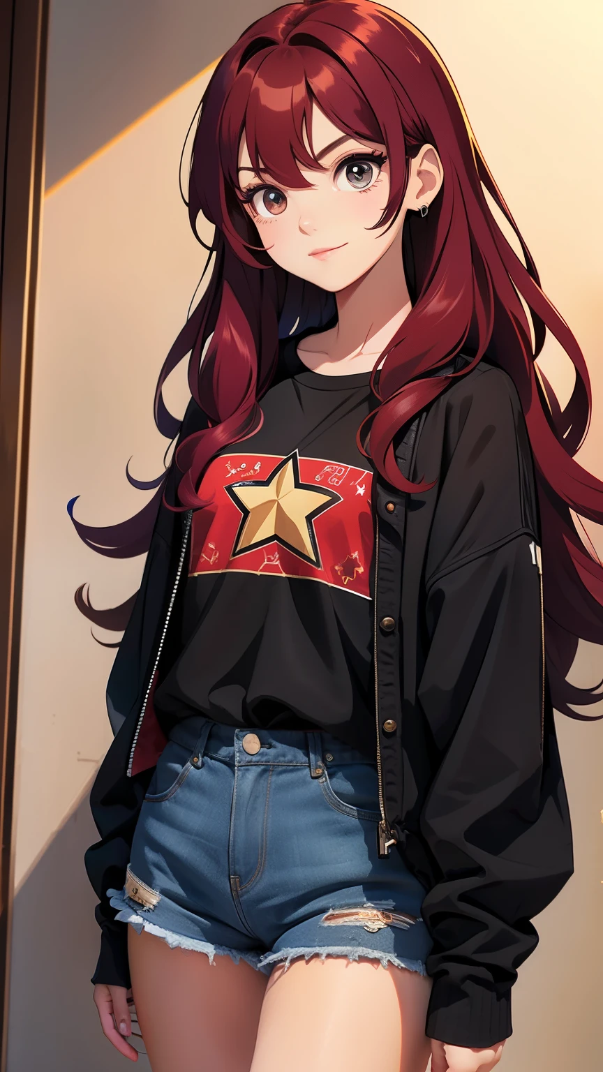 (high-quality, breathtaking),(expressive eyes, perfect face) 1girl, female, solo, age 13, adolescent age, deep red color hair, dark red eye color, soft wavy hair, long hair length, cute smile, shirt, shorts, red and black denim jacket, soft kind expression, 4" Height, cute face, childlike face, modern clothing, decals on clothing, jewellery and accessories, power of imagination, star decals or motifs, hair like Kiana Kaslana, star pattern shirt