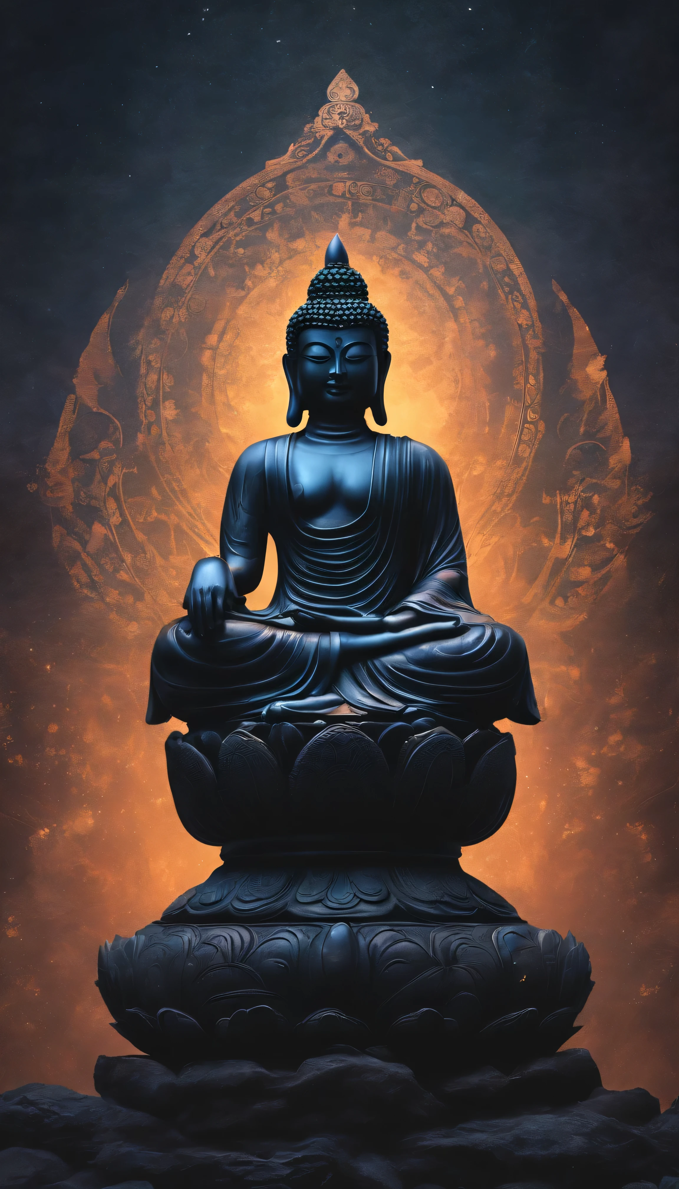 Black Buddha, Black Buddha像, stone, texture, expensive, majestic, dark background, ((Front view:1.4))