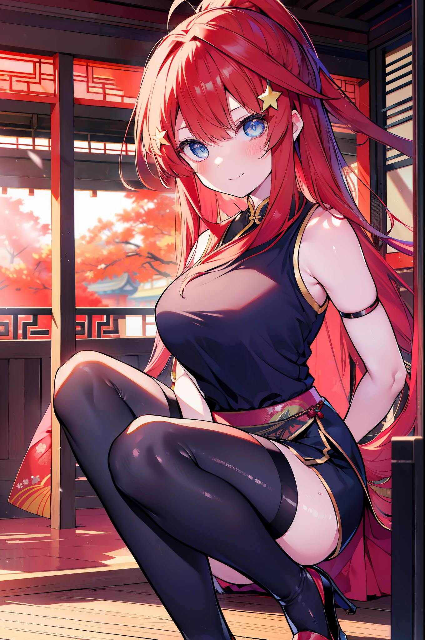 itsukinakano, itsuki nakano, bangs, blue eyes, hair between eyes, Ahoge, redhead, star \(symbol\), hair ornaments, star hair ornaments,long hair,low ponytail,smile,blush,open your mouth,,red cheongsam,red chinese slit skirt,black pantyhose,stiletto heels,put your arms behind your back and look,歩いてる
break indoors, Chinese style streetscape,
break (masterpiece:1.2), highest quality, High resolution, unity 8k wallpaper, (figure:0.8), (detailed and beautiful eyes:1.6), highly detailed face, perfect lighting, Very detailed CG, (perfect hands, perfect anatomy),