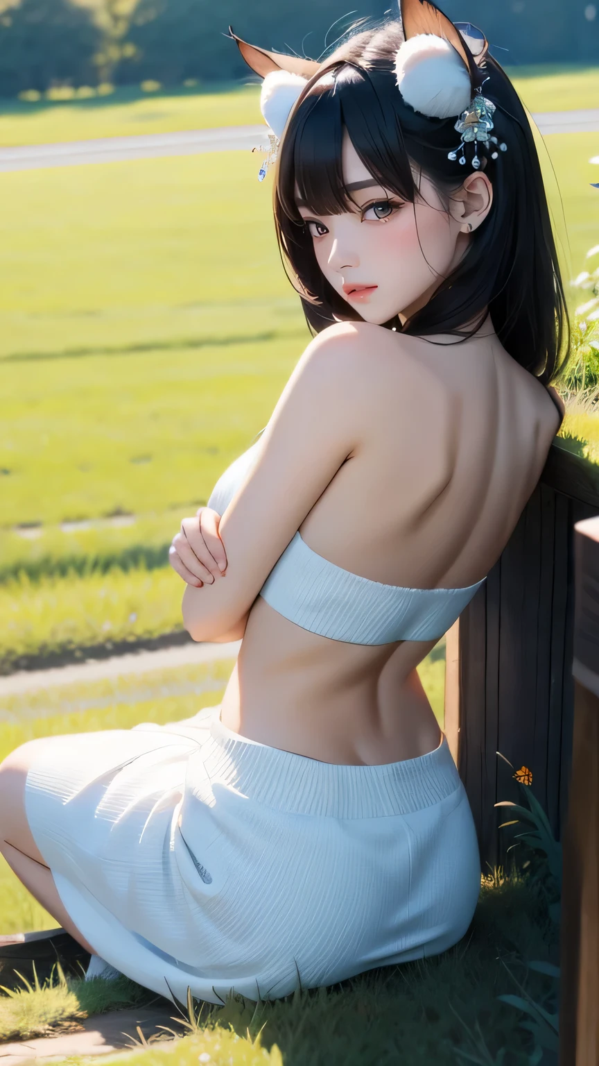 (((masterpiece))),((highest quality)),one beautiful japanese girl,pale, (A character that combines humans and cats: 1.5), ((Cat ear)), (cat's eyes: 1.5), (furry clothes), and expose the skin,(tail)、grassland、Brown