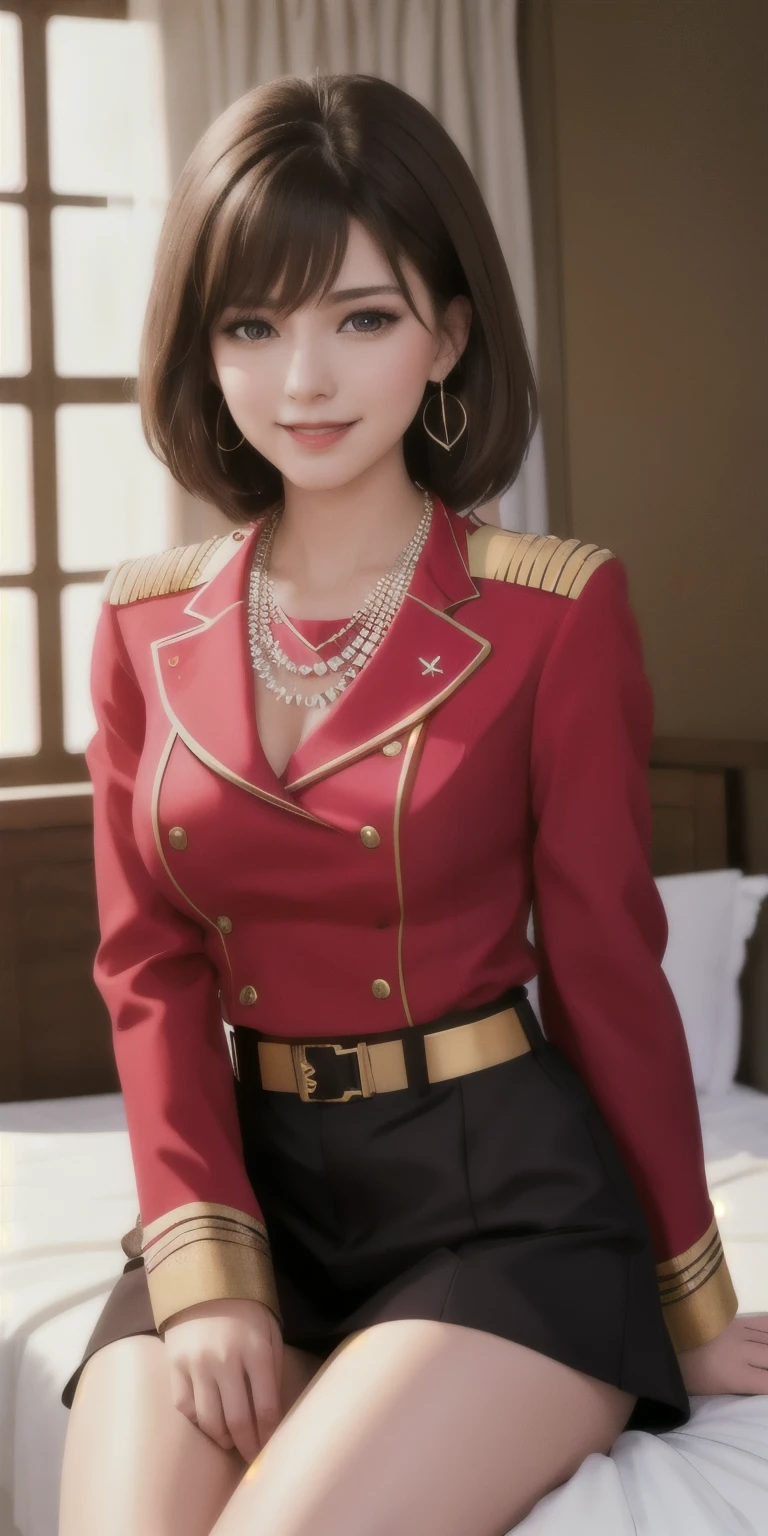 sitting on the bed, Excited, necklace, earrings, full body, short brown hair, red military uniform, That&#39;s excellent, ultra high resolution, Raw photo, realism: 1.25), (bright lip gloss, long eyelashes, smooth face , bright skin, natural shadow, wide light, wide light, Depth of the bounds written, strong color, subtle caustics: 0.8), smile, (big breasts), v6