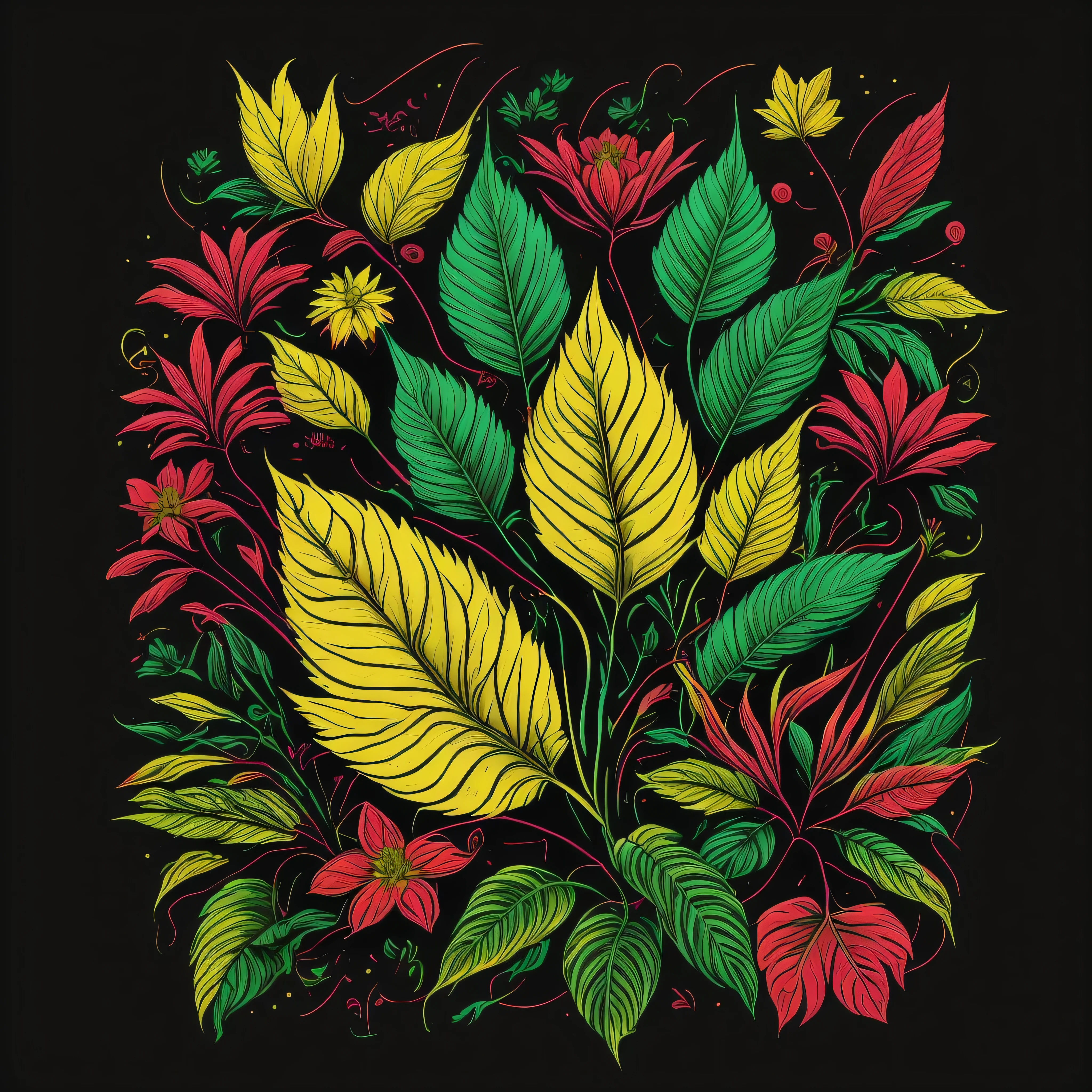 Nature's Blueprint,Leaves, Flowers, Botanical, Organic, 80's vector image, T-shirt design, isolated, black background, green yellow illustration and red only, strong color