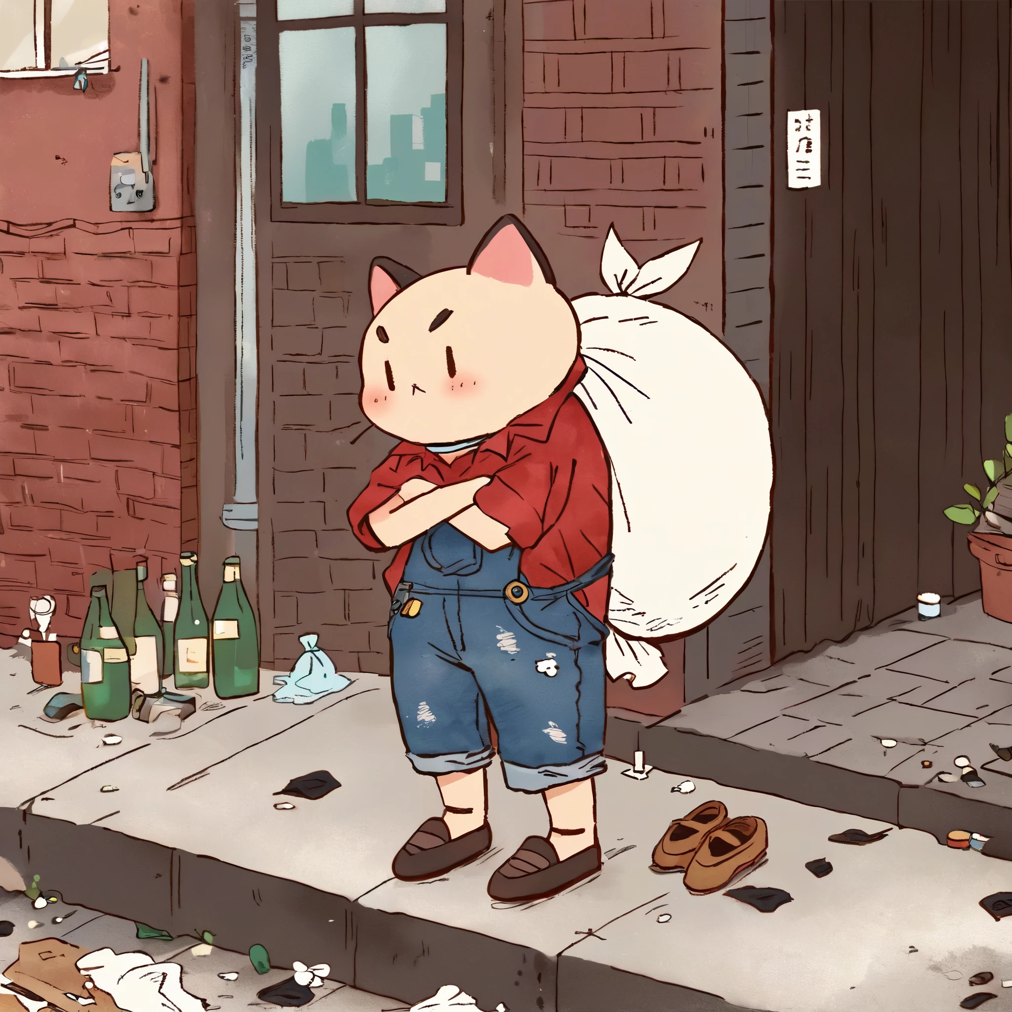 Illustrate an image of a very pitiful anthropomorphic kitten wearing extremely tattered red linen shirt and denim overalls, even more worn-out cloth shoes, carrying an oversized sack on its back, taller than itself. This time, the kitten is placed in an urban alleyway, a dark corner of the city where the ground is covered with garbage and bottles. The image should be rendered in a vector illustration style, maintaining the original concept but translating it into a cleaner, more stylized form that emphasizes the contrast between the innocence of the character and the severity of its urban surroundings.