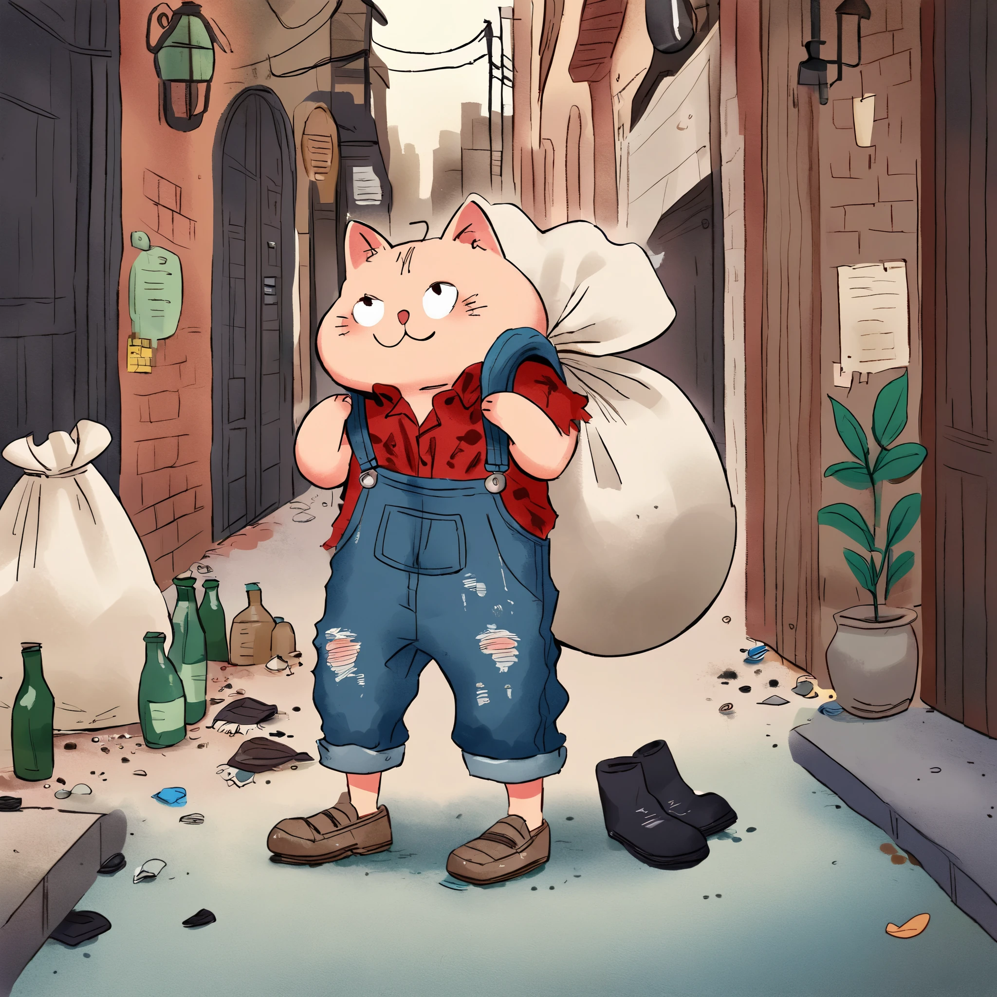 Illustrate an image of a very pitiful anthropomorphic kitten wearing extremely tattered red linen shirt and denim overalls, even more worn-out cloth shoes, carrying an oversized sack on its back, taller than itself. This time, the kitten is placed in an urban alleyway, a dark corner of the city where the ground is covered with garbage and bottles. The image should be rendered in a vector illustration style, maintaining the original concept but translating it into a cleaner, more stylized form that emphasizes the contrast between the innocence of the character and the severity of its urban surroundings.