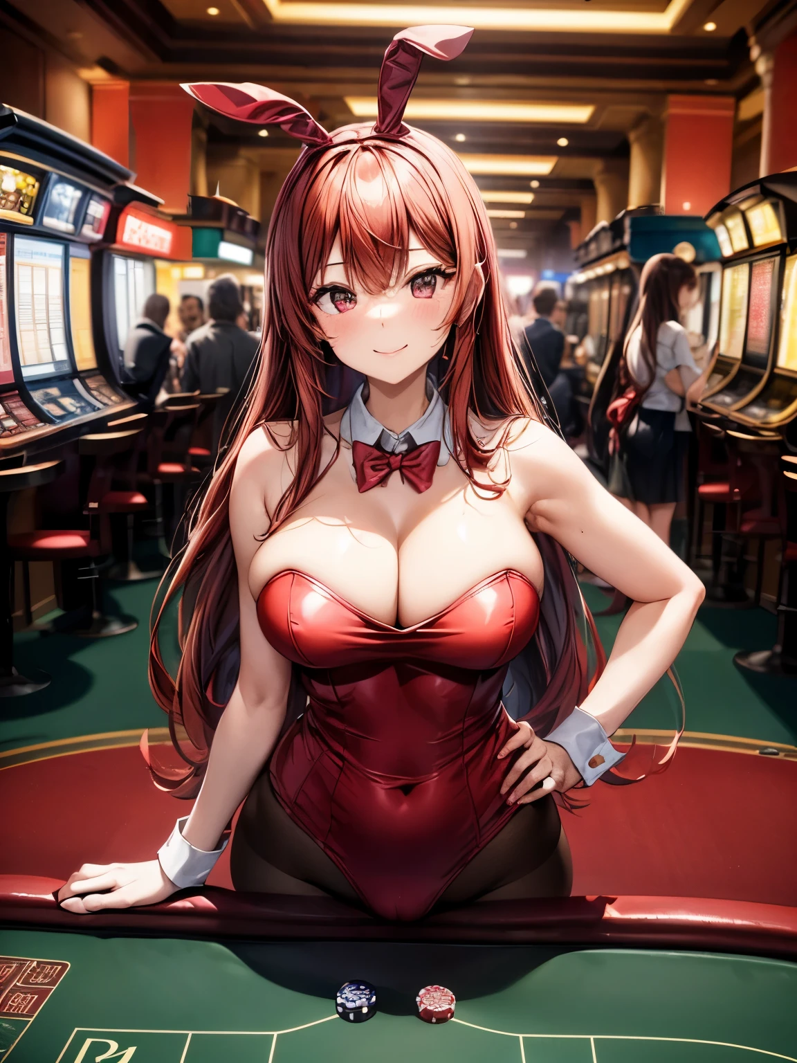 highest quality、red hair woman、straight hair woman、Slender beauty、1 female、(big breasted woman:1.3)、Bunny girl、(赤色のBunny girlレオタードを着た女性)、(woman wearing brown pantyhose:)、big smile、casino、slot、poker table、roulette、hands on hips