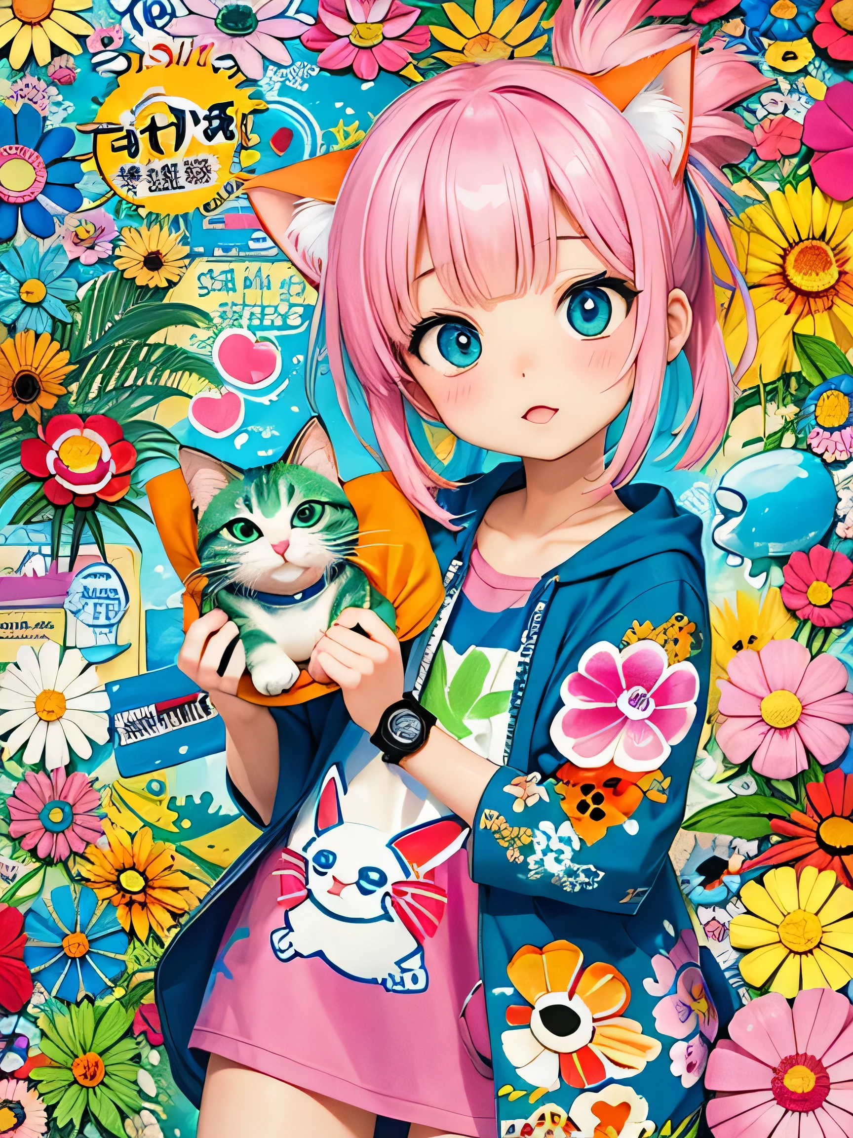 8K quality, Takashi murakami'illustration of, intense watercolor, watercolor detailed art, watercolor splash, surreal, avant-garde pop art, Beautiful and expressive paintings, 美しいアートワークillustration of, very colorful tones, wonderful, cool beauty, highest quality,official art, vector art,stylish design, (((1 cute kitten))), (((highest quality))), HDR, ((Detailed details)), (((graffiti art))), ((masterpiece))、((Super detailed))、(((colorful flowers)))、(((Hawaii Travel)))