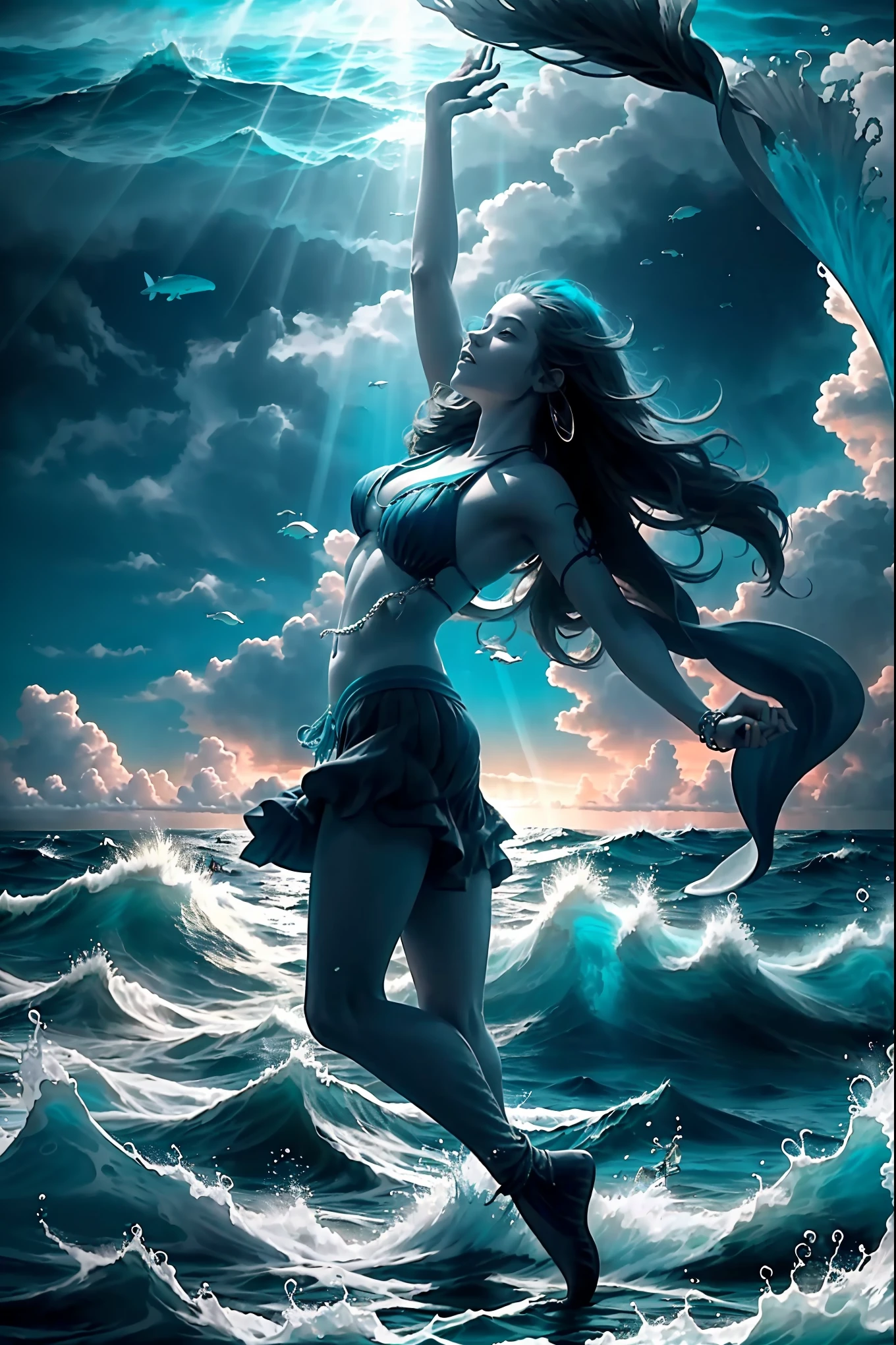  dancing people, people  Dancing on the Sea Surface,(epic ocean :1.5),,  , people enjoying dancing, ((wind effect)),,(mythical atmosphere),light is penetrating through clouds, magnificent clouds, blue theme, epic ocean, 