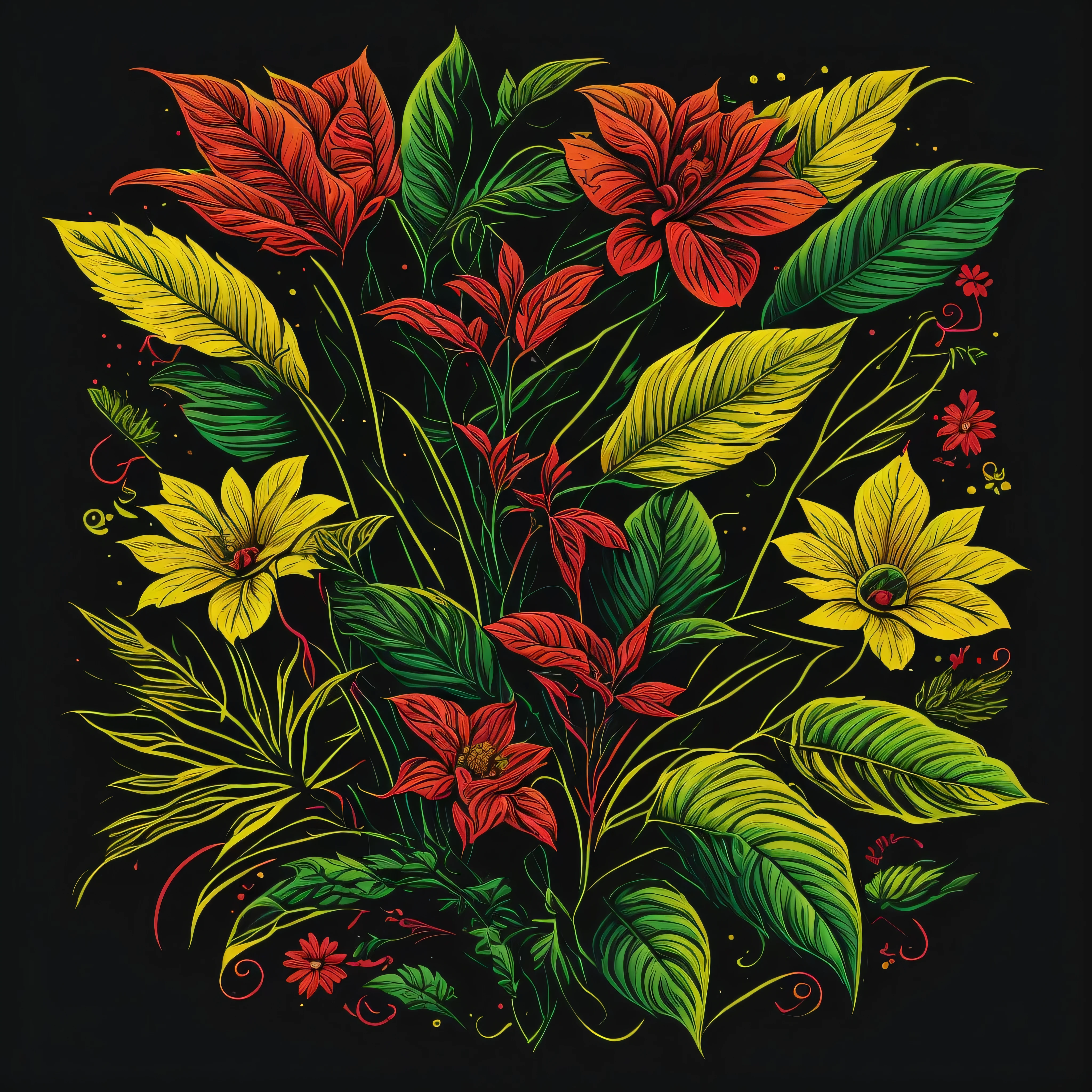 Nature's Blueprint,Leaves, Flowers, Botanical, Organic, 80's vector image, T-shirt design, isolated, black background, green yellow illustration and red only, strong color