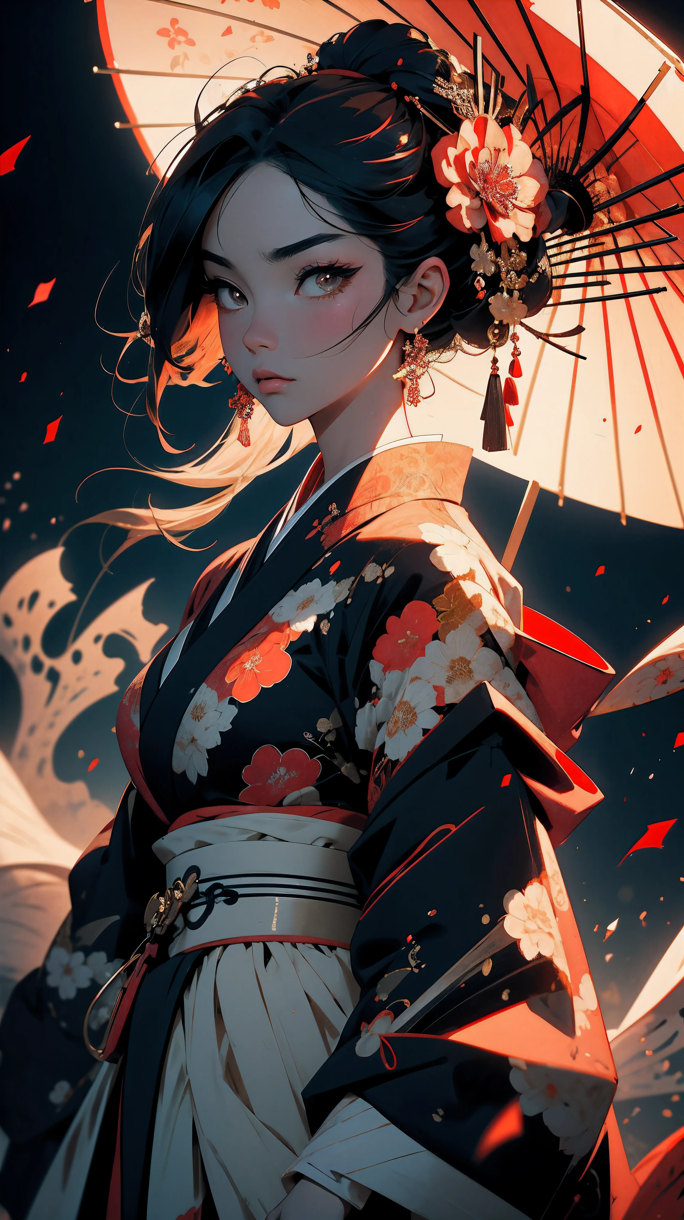 Geisha, Alluring figure, Wearing kimono. Masterful technique reveals the intensity and power of the image;sense of presence，with the highest quality, Perfectly capture every detail with ultra-high resolution. Textures and intricate patterns on kimonos are rendered with extreme precision.