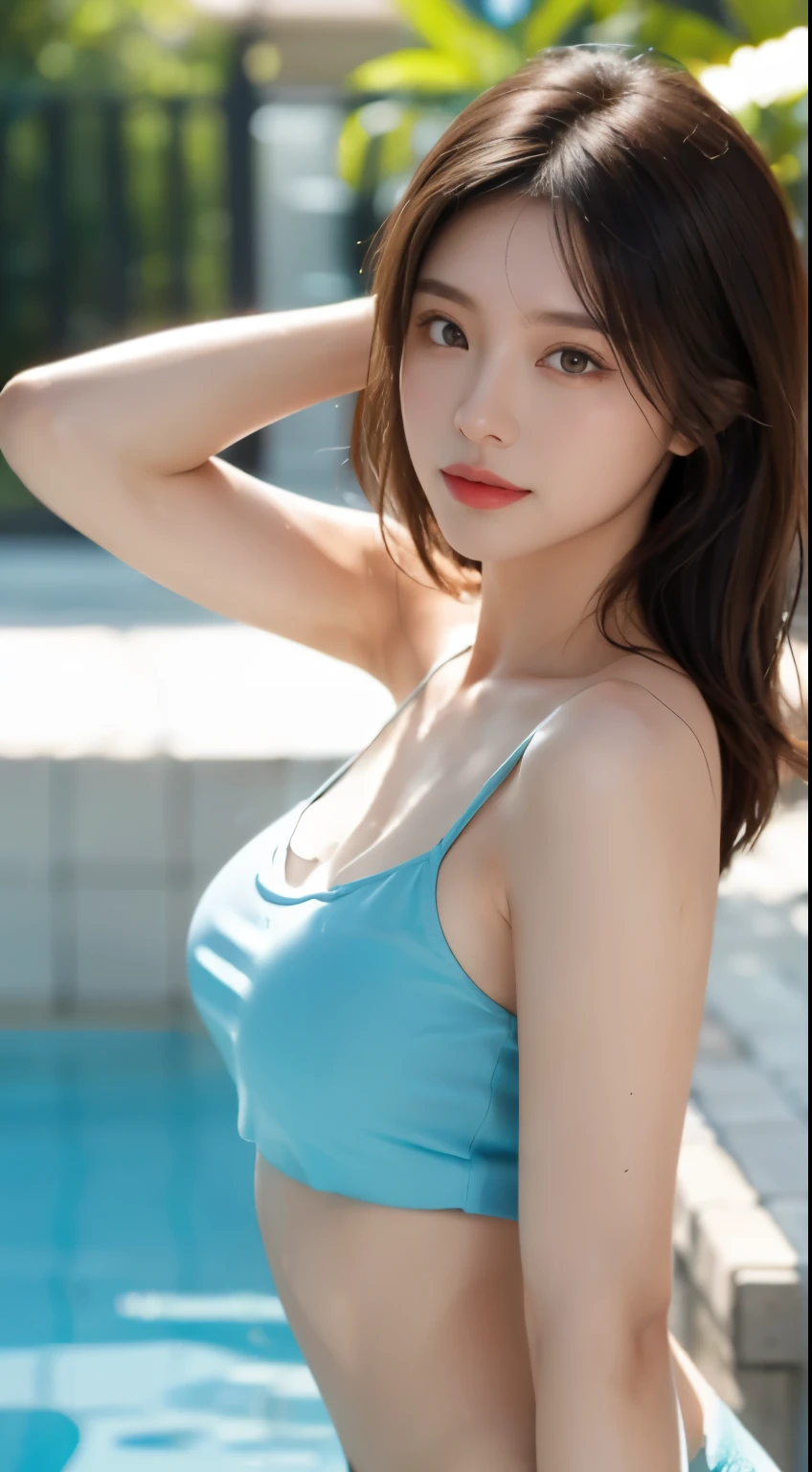 ((Realistic lighting, best quality, 8K, masterpiece:1.3)), sharp focus:1.2, 1 girl, (Random pose:1.4),(shining face,perfect face,A face full of purity,masterpiece),(slender waist,pear shaped body,Beautiful woman with perfect body:1.4), slim abs:1.1, ((Dark brown hair)), (External,night:1.1),swimming pool,Super face slimming,narrow eyes,double eyelids,split,(Camisole top:1.4)