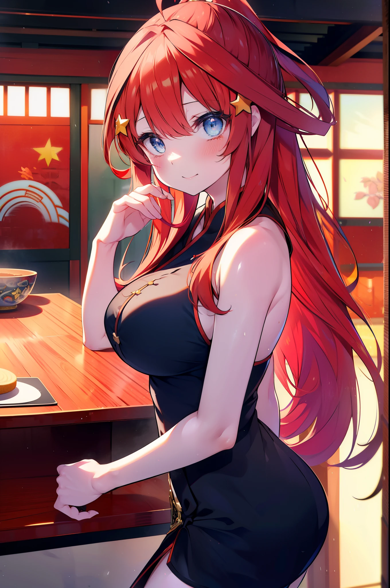 itsukinakano, itsuki nakano, bangs, blue eyes, hair between eyes, Ahoge, redhead, star \(symbol\), hair ornaments, star hair ornaments,long hair,low ponytail,smile,blush,open your mouth,red cheongsam,red china slit,black tights,stiletto heels,put your arms behind your back and look,歩いてる
break indoors, Chinese style streetscape,
break (masterpiece:1.2), highest quality, High resolution, unity 8k wallpaper, (figure:0.8), (detailed and beautiful eyes:1.6), highly detailed face, perfect lighting, Very detailed CG, (perfect hands, perfect anatomy),