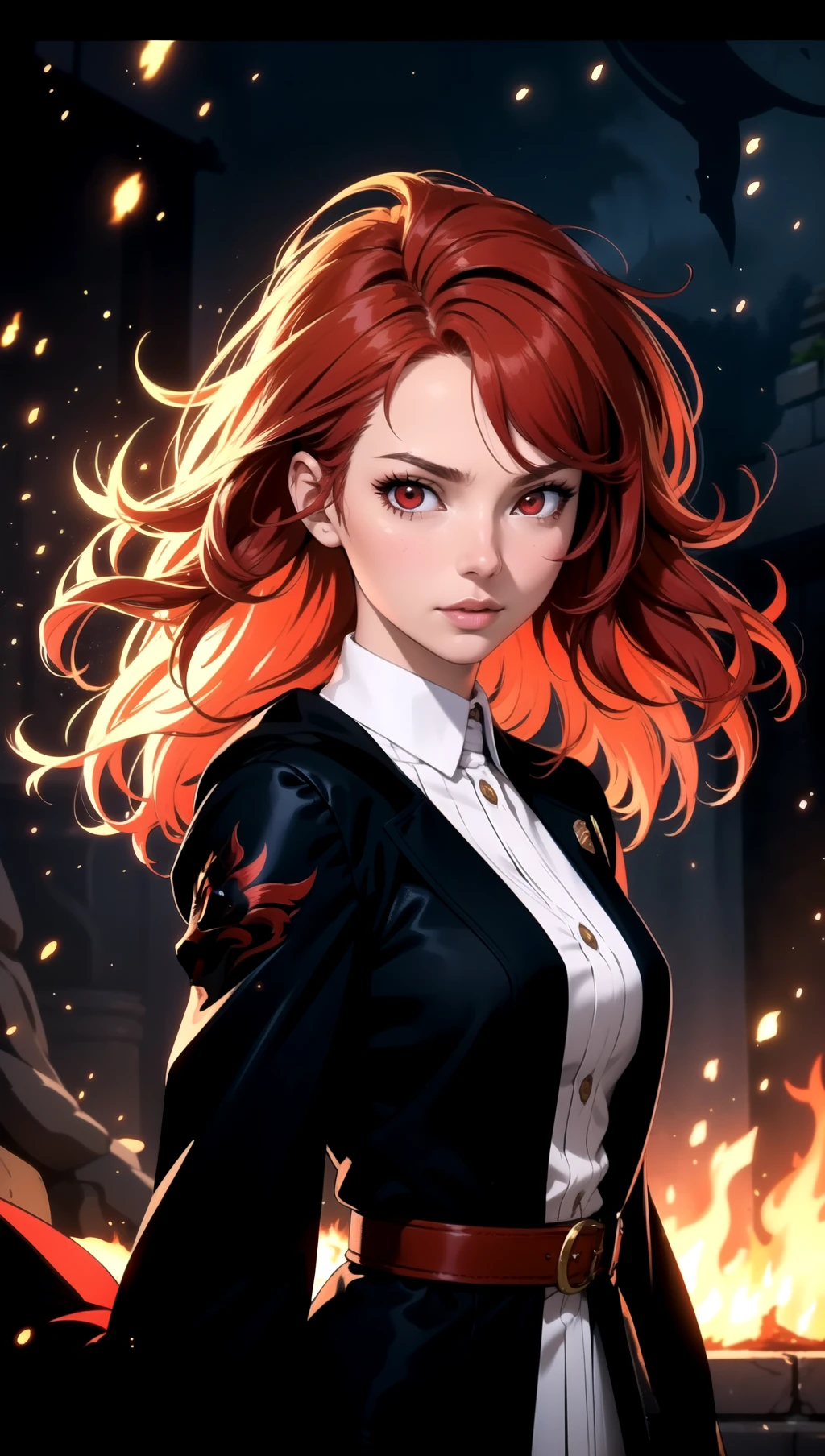 makima \(chainsaw man\), best quality, ultra detailed, 1girl, solo, standing, red hair, long braided hair, golden eyes, bangs, medium breasts, white shirt, black necktie, black long coat, black pants, stare, smile, (evil:1.2), looking at viewer, (interview:1.3), (dark background, chains:1.3), from below, sharp contrast , gorgeous detailed eyes, focus , close up shot , glowing orange eyes