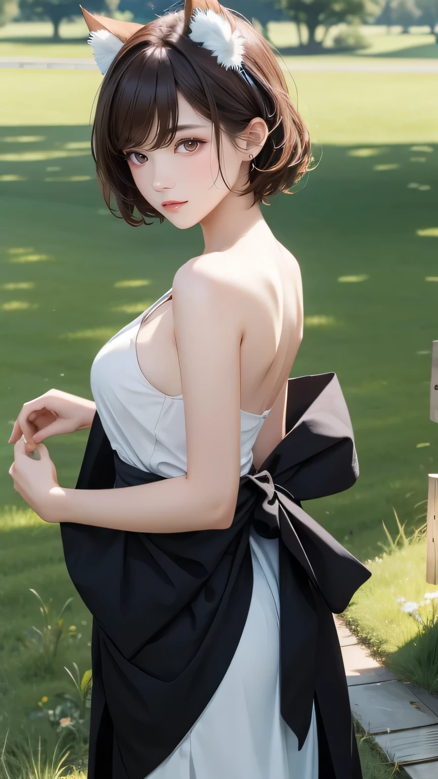 mix4, (8K, Raw photography, Top image quality, masterpiece: 1.45), (realisitic, Photorealsitic: 1.37), One girl, cute little, grass field, Some flowers, morning, Sunnyday, the wind, Wetty, profetional lighting, Gradient black hair, white hair, Short straight hair, Ren Hao(((Dresses with slits))), Top Quality Photos, hight resolution, 1080p, (clearface), (Detailed face description), (Detailed hand description), (masterpiece), (Exquisite CG)、extreme light and shadows、dishevled hair、masterpiece、abundant detail、(Fine facial features)、(top quality photo)、(masterpiece)、(A detailed eye)、Look in front of you、(((beutiful breast))), cleavage of the breast、