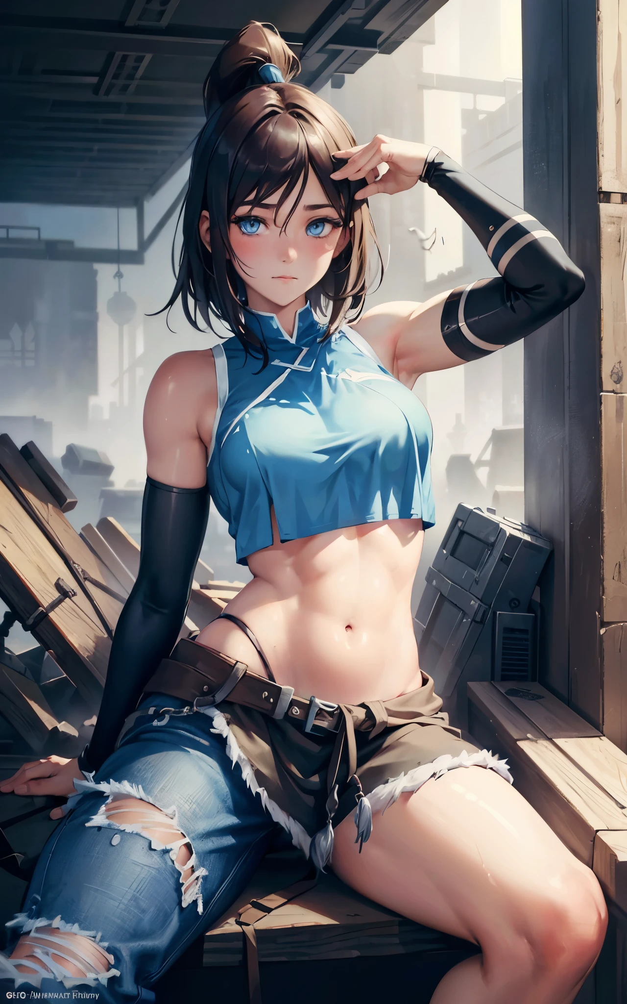 Korra,sitting on some stairs, ripped jeans, tank top, upshirt, ((pulls up her shirt)) , slightly muscular, Beautiful realistic waifu style girl, hyperdetailed painting, luminism, art by Carne Griffiths and Wadim Kashin concept art, post-apocalyptic background, abstract beauty, approaching perfection, pure form, golden ratio, minimalistic, dark atmosphere, unfinished, concept art, intricate details, 8k post production, high resolution, hyperdetailed, trending on artstation, sharp focus, studio photo, intricate details, highly detailed, by artgerm.