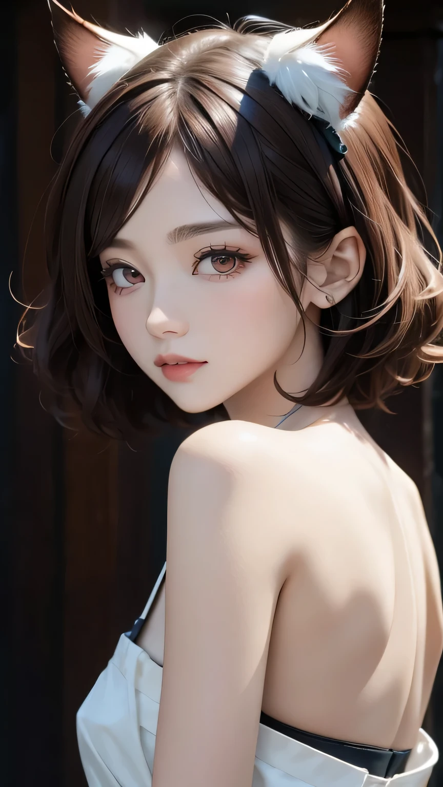 (((masterpiece))),((highest quality)),one beautiful japanese girl,pale, (A character that combines humans and cats: 1.5), ((Cat ear)), (cat's eyes: 1.5), (furry clothes), and expose the skin,(tail)、grassland、(((Brown)))、(curly short hair)