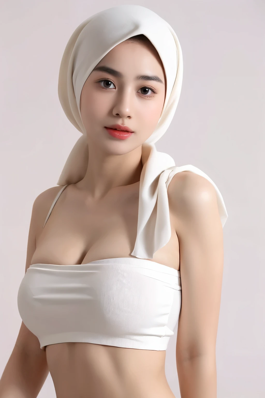 （lifelike,high resolution：1.3）， An Islamic girl， The face shape and eyes are super delicate,red glossy lips,(beautiful face), (best quality), (Super detailed), (Extremely detailed CG unified 8K wallpaper),((women headscarf)),(White background),(cleavage),sexy look,big eyes,(standing),(Slim waistline),perky breasts,soft breasts,very realistic breasts,sexy pose,(Big breasts),Character centered,