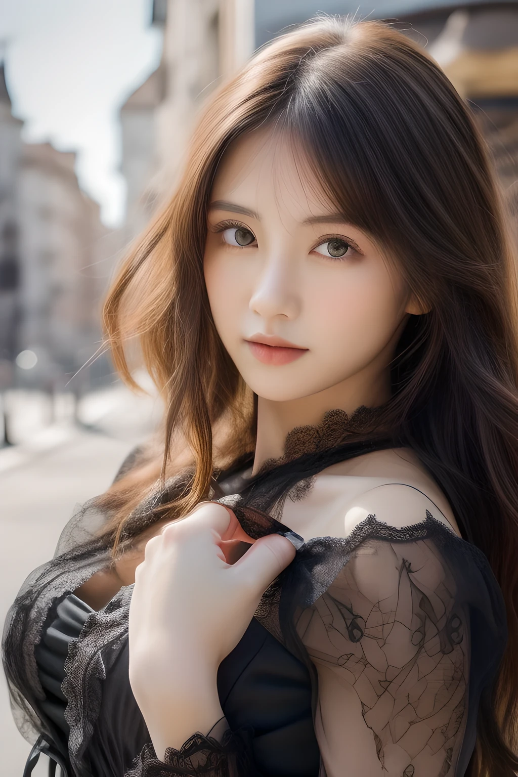 Ulchan-6500-v1.1,(masterpiece, highest quality:1.3), (Ultra-detailed 8K:1.2), (hyperrealistic:1.35),(Raw photo:1.2),highest quality, High resolution, wallpaper, realistic, bright lighting, professional lighting, face light, smooth lighting, BREAK Japanese women, 20-year-old, cute, action, gravure, sexy, wearing , super beautiful, beautiful skin, beautiful and detailed eyes, detailed face, slim, moderately, clean long hair, brunette hair, dark brown eyes, look at the camera, (full shot:1.3), (european gothic cityscape:1.3),(lace dress:1.3),