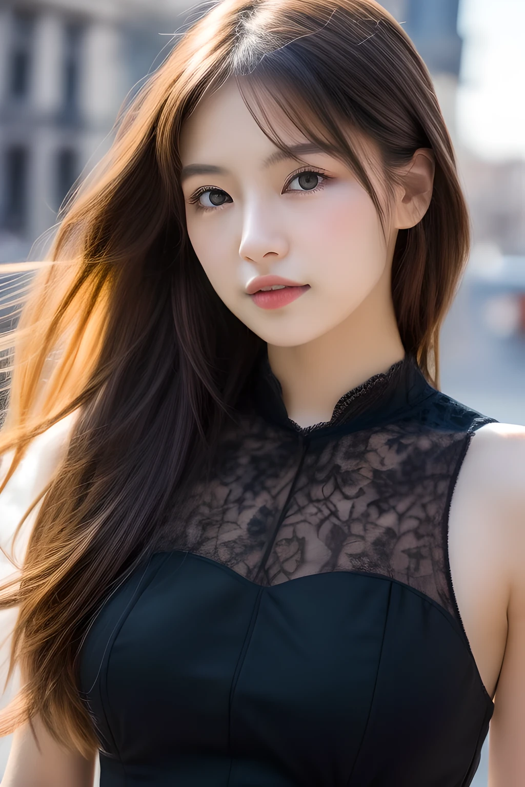 Ulchan-6500-v1.1,(masterpiece, highest quality:1.3), (Ultra-detailed 8K:1.2), (hyperrealistic:1.35),(Raw photo:1.2),highest quality, High resolution, wallpaper, realistic, bright lighting, professional lighting, face light, smooth lighting, BREAK Japanese women, 20-year-old, cute, action, gravure, sexy, wearing , super beautiful, beautiful skin, beautiful and detailed eyes, detailed face, slim, moderately, clean long hair, brunette hair, dark brown eyes, look at the camera, (full shot:1.3), (european gothic cityscape:1.3),(lace dress:1.3),