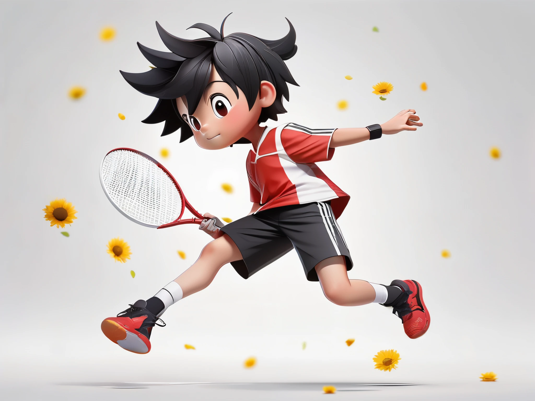 A cute boy,full body,solo,,black hair and eyes,jumping and holding tennis racket to beat the  badminton,wearing a red and white sportswear with matching shorts and shoes,clean face,looking at the white and red badminton,white background,happy,some sunflowers around the ground,Dynamic posture,owo style,chibi,masterpiece,best quality,