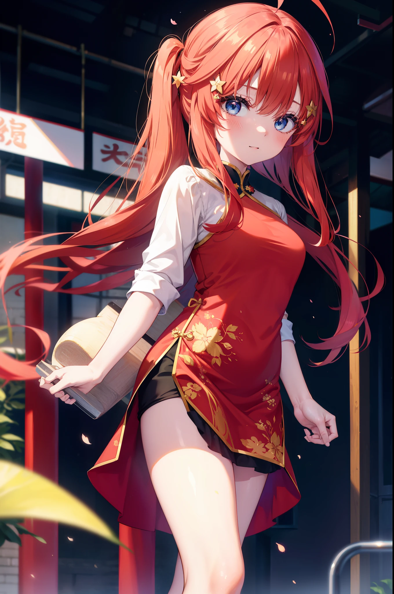 itsukinakano, itsuki nakano, bangs, blue eyes, hair between eyes, Ahoge, redhead, star \(symbol\), hair ornaments, star hair ornaments,long hair,low ponytail,smile,blush,open your mouth,red cheongsam,red china slit,black tights,stiletto heels,put your arms behind your back and look,歩いてる
break indoors, Chinese style streetscape,
break (masterpiece:1.2), highest quality, High resolution, unity 8k wallpaper, (figure:0.8), (detailed and beautiful eyes:1.6), highly detailed face, perfect lighting, Very detailed CG, (perfect hands, perfect anatomy),