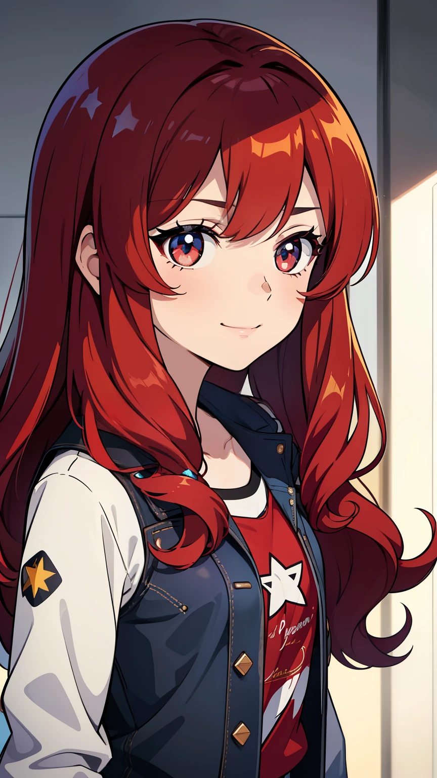 (high-quality, breathtaking),(expressive eyes, perfect face) 1girl, female, solo, age 13, kid age, deep red color hair, red eye color, soft wavy hair, long hair length, cute smile, shirt, shorts, red and black denim jacket, 4" Height, cute face, childlike face, modern clothing, decals on clothing, jewellery and accessories, power of imagination, star decals or motifs, hair like Kiana Kaslana, star pattern shirt, Symmetrical Eyes, portrait, bustshot, positive expression
