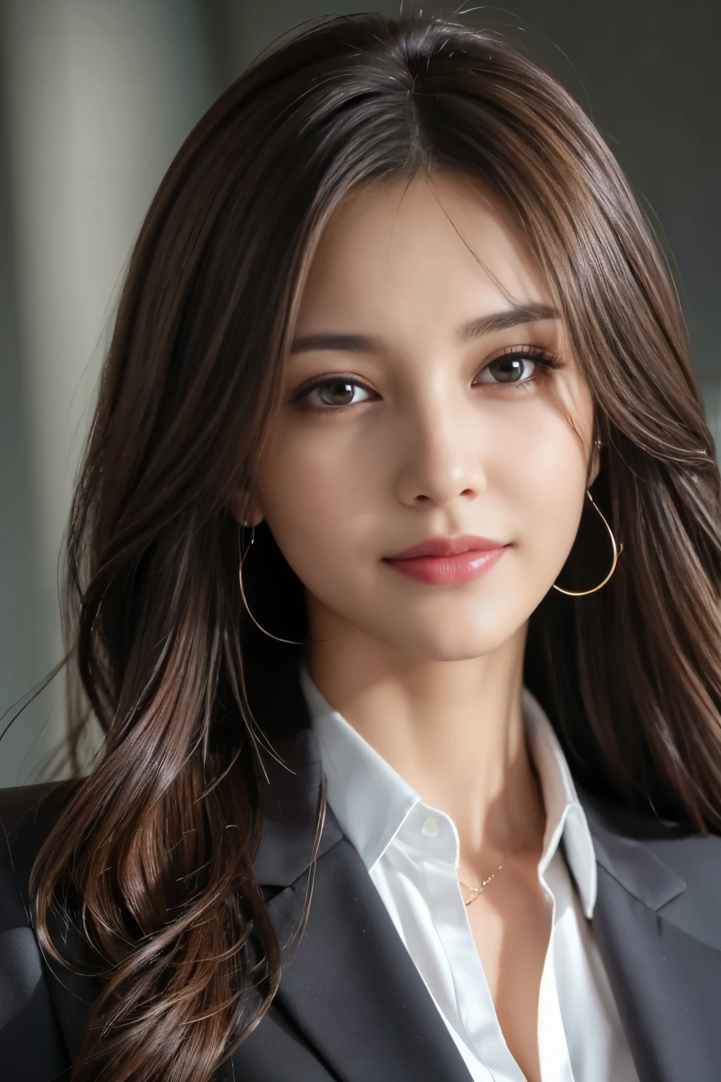 table top, highest quality, realistic, Super detailed, finely, High resolution, 8k wallpaper, 1 beautiful woman,, light brown messy hair, wearing a business suit, sharp focus, perfect dynamic composition, detailed and beautiful eyes, fine hair, Detailed and realistic skin texture, smile, close-up portrait, model body shape