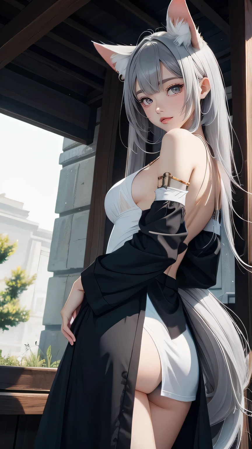 (((masterpiece))),((highest quality)),one beautiful japanese girl,pale, (A character that combines humans and cats: 1.5), ((Cat ear)), (cat's eyes: 1.5), (furry clothes), and expose the skin,(tail)、grassland、(((gray)))、