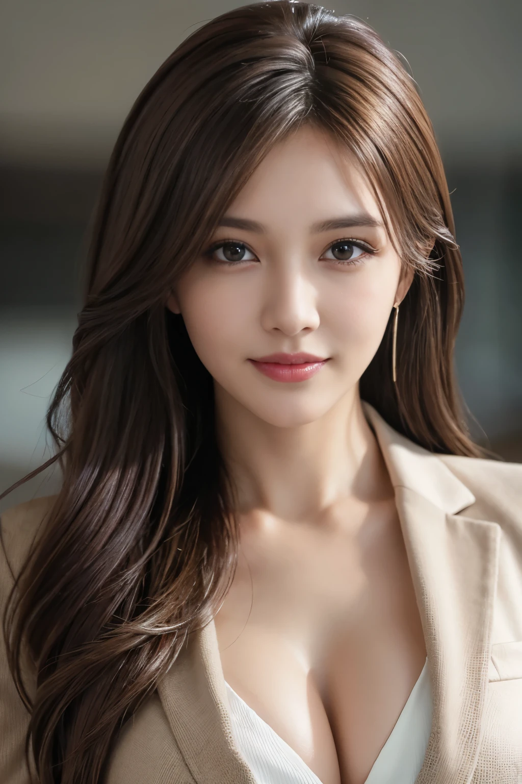 table top, highest quality, realistic, Super detailed, finely, High resolution, 8k wallpaper, 1 beautiful woman,, light brown messy hair, wearing a business suit, sharp focus, perfect dynamic composition, detailed and beautiful eyes, fine hair, Detailed and realistic skin texture, smile, close-up portrait, model body shape