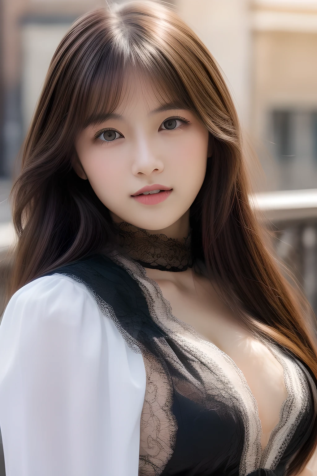 Ulchan-6500-v1.1,(masterpiece, highest quality:1.3), (Ultra-detailed 8K:1.2), (hyperrealistic:1.35),(Raw photo:1.2),highest quality, High resolution, wallpaper, realistic, bright lighting, professional lighting, face light, smooth lighting, BREAK Japanese women, 20-year-old, cute, action, gravure, sexy, wearing , super beautiful, beautiful skin, beautiful and detailed eyes, detailed face, slim, moderately, clean long hair, brunette hair, dark brown eyes, look at the camera, (full shot:1.3), (european gothic cityscape:1.3),(lace dress, Fabric texture details:1.3),