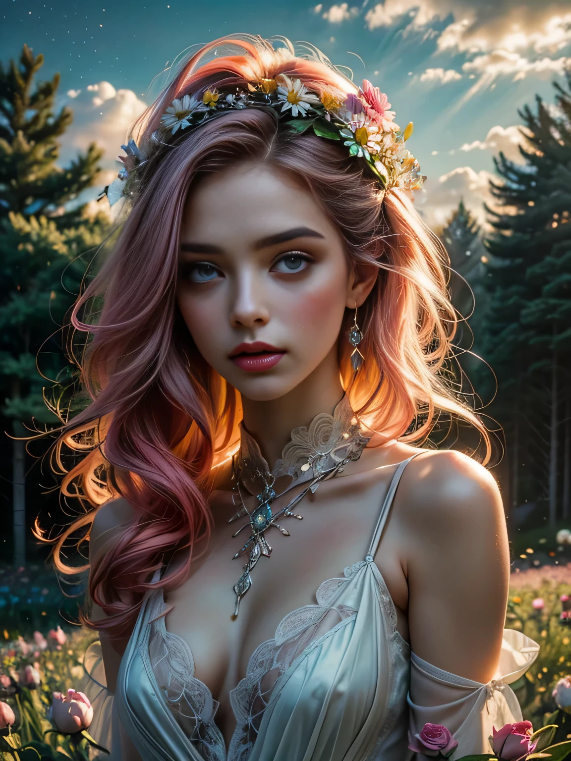 a young woman,wildflower field, glowing neon flowers in bloom, daisies, peonies, whimsical, pink cloud over her head, in the style of surrealistic fantastical, ethereal cloudscapes, psychedelia style, :: high renaissance painting, impressionist painting, monet, chiaroscuro, prismatic lighting, volumetric glitter, splattered paint, rococo pastel pinks and deep blues and white, green grass, candycore, dazzling landscape --ar 2:3 --v 5.2 --style raw --s 333 ...