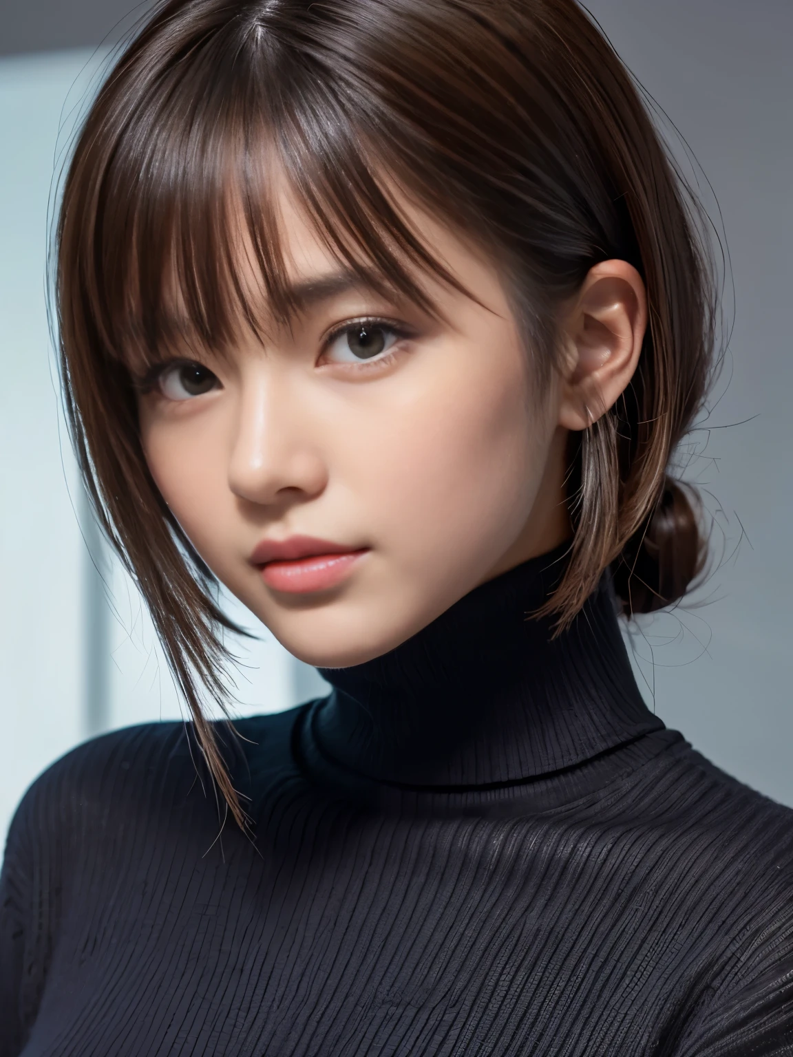 product quality, 1 girl, cowboy shot, front view, a Japanese young pretty girl, at night, wearing a black knitted turtleneck sweater, wearing mini skert, hyper cute face, glossy lips, double eyelids for both eyes, (natural makeup), shiny smooth light brown hair of long hair, asymmetrical bangs, central image, 8K resolution, high detail, detailed hairstyle, detailed face, cinematic lighting, octane rendering, hyper realistic, perfect limbs, perfect anatomy, 