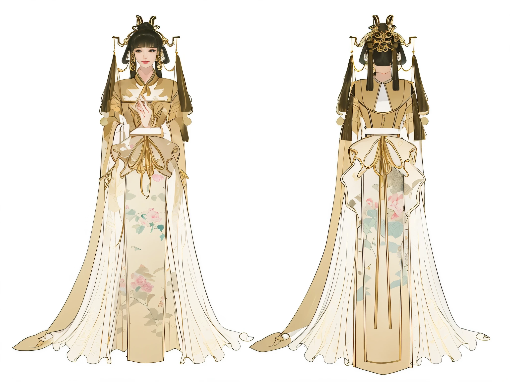 Two people wearing oriental clothes、Close up of woman on white background, ancient asian dynasty princess, Gilded Lotus Princess, chinese princess, beautiful fantasy queen, Chinese goddess, White and gold priestess robe, Fashion Design, intricate Fashion Designn, Imperial royal elegant clothing, ((beautiful fantasy queen)), New clothing concept design, Costume design