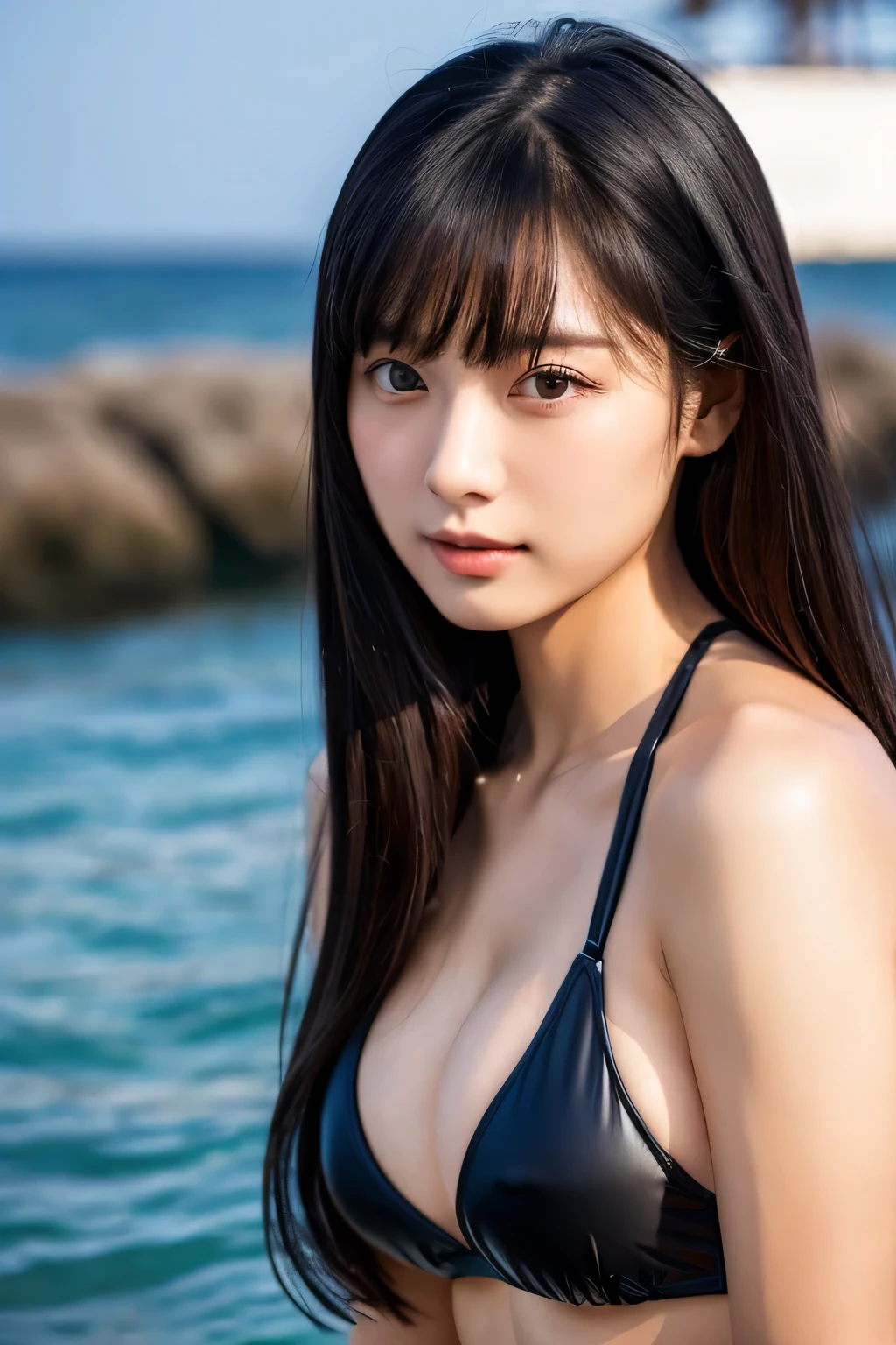 masterpiece、1 beautiful girl、detailed eye、highest quality, 超A high resolution, (reality: 1.4), Japanese、asian beauty、Korean、super beautiful、beautiful skin、thin、body turns forward、whole body、(超reality的な)、(High resolution)、(8K)、(very detailed)、(beautiful detailed eyes)、(Super detailed)、detailed face、bright lighting、professional lighting、looking at the viewer、serious expression、look straight ahead、long hair、black hair、sea landscape、Nogizaka Idol、korean idol、sexy pose、actress、25 years old、big breasts、big breasts、wet skin、Black latex swimsuit、cleavage cutout、