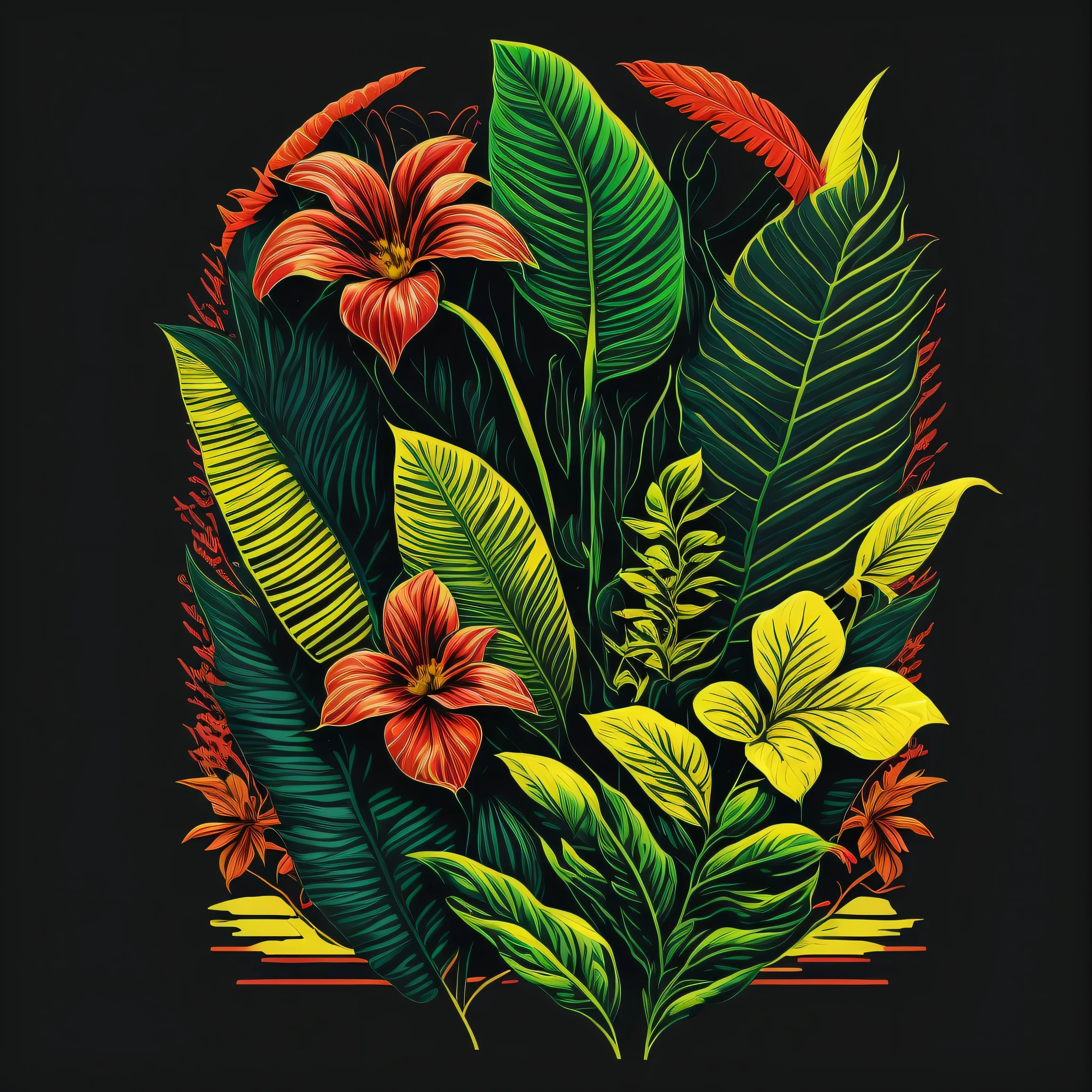 Tropical Nature's Blueprint,Leaves, Flowers, Botanical, Organic, 80's vector image, T-shirt design, isolated, black background, green yellow illustration and red only, strong color
