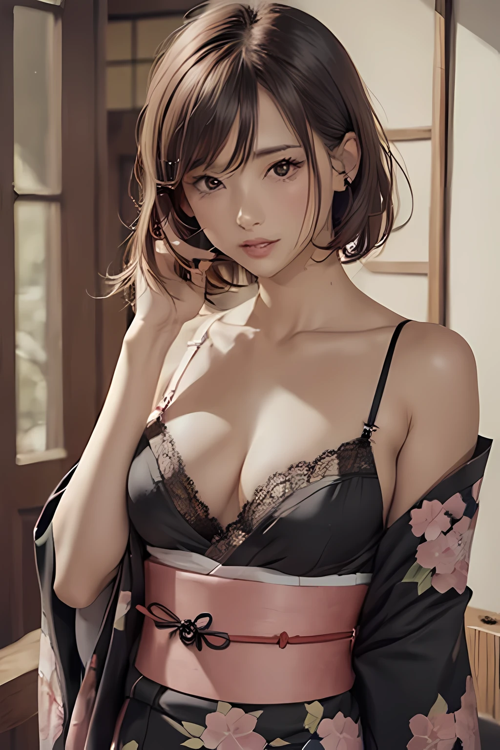 realistic, super photo realistic illustration, High resolution, Super detailed, confused,(blush:1.3),(High resolutionスキン:1.4), shining eyes, goddess, shiny skin, Beautiful and dense face, real skin texture, expressive eyes, luscious lips, glossy lips, natural makeup,good hand, perfect hands, A very beautiful woman is standing,(Upper body:1.3), Medium chest, break 1 girl, short blonde hair, purple eyes, ((she is wearing a kimono with black lace:1.3))., lace garter belt, lace thighs, confusedな, High resolution, super sharp, 8K, looking at the viewer