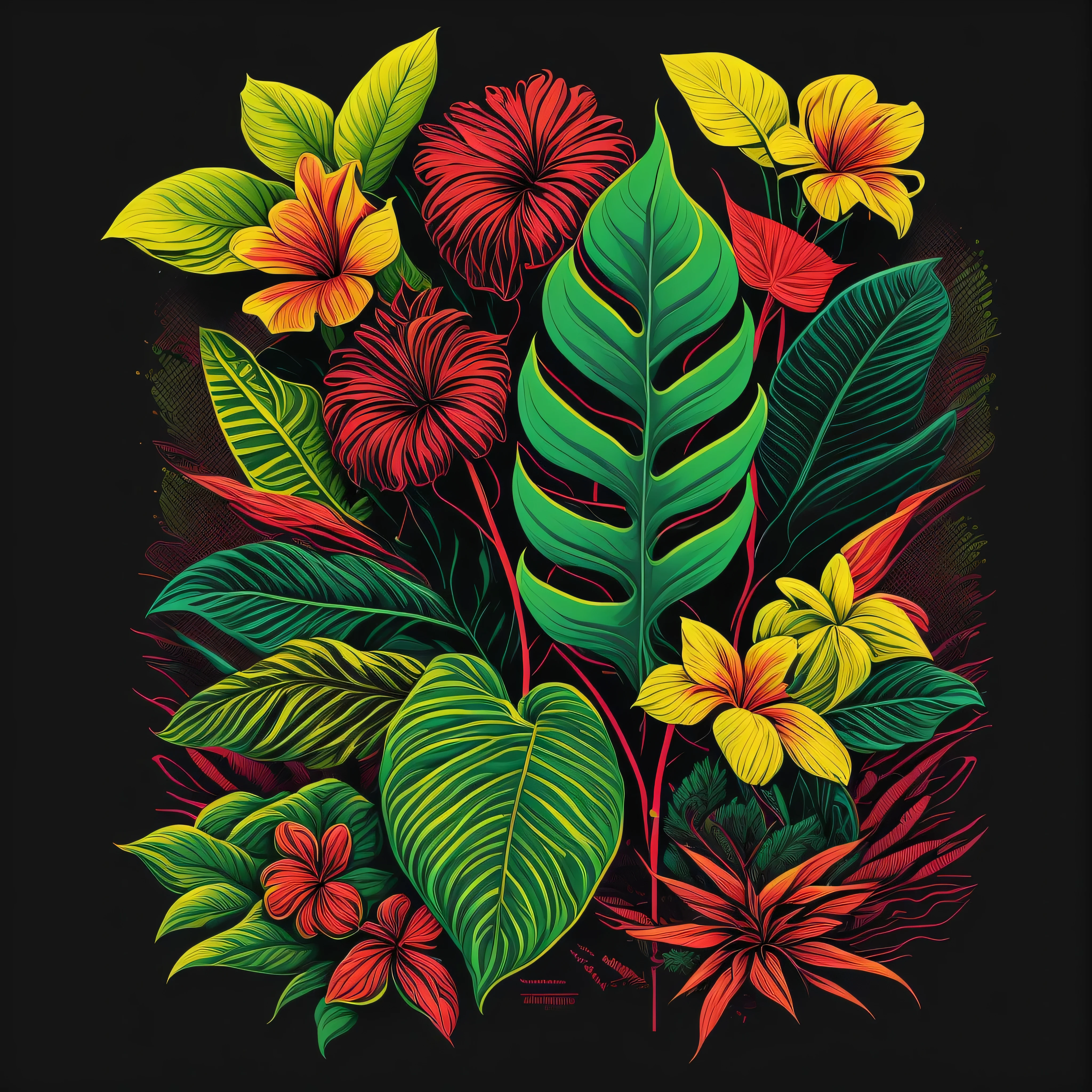 Tropical Nature's Blueprint,Leaves, Flowers, Botanical, Organic, 80's vector image, T-shirt design, isolated, black background, green yellow illustration and red only, strong color