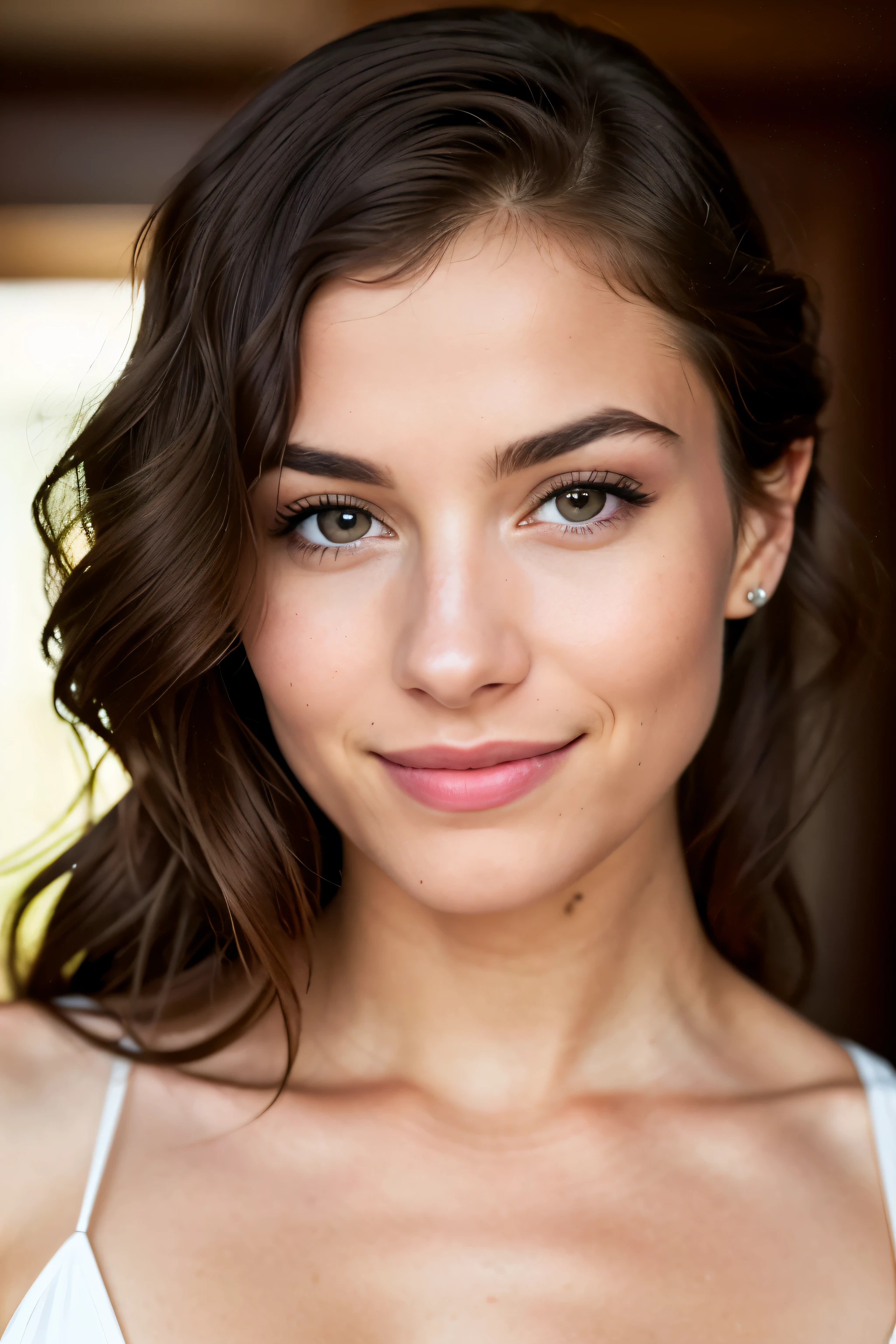 Breathtaking cinematic photo of a 30-year-old woman with brown hair and brown eyes, radiating happiness and cheerfulness, showing a closed-mouth smile with perfectly shaped, beautiful lips. Her intricate details are captured in a highly detailed and high-budget image, reminiscent of an epic Hollywood film. This masterpiece is an award-winning, professional production, boasting a gorgeous, slender figure with a thin face, tiny nose, and an enchanting, western beauty. Her delicate skin texture is displayed with a subtle blush of 0.5 and goosebumps of 0.5, adding to the authenticity of the scene. With her thick, curly