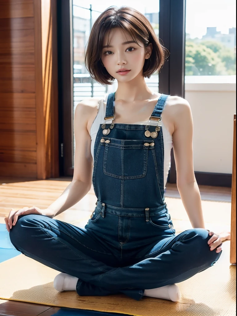 Overalls，dress，Sitting on the ground with legs crossed，white socks