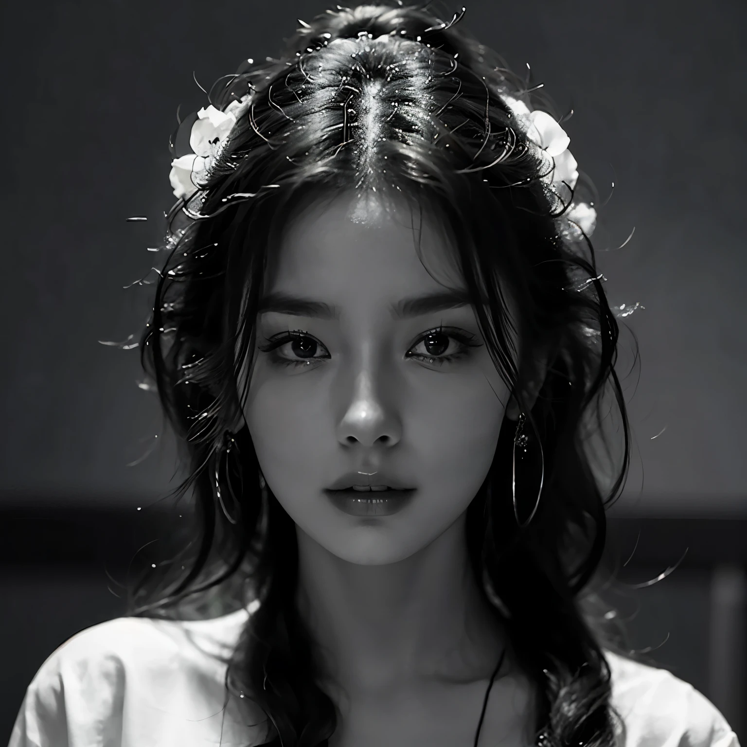 1girl,solo,monochrome,greyscale,looking at viewer,realistic,parted lips,lips,white shirt,long hair,close-up,exquisite makeup,upper body,masterpiece,best quality,8k,insane details,intricate details,high detail,((masterpiece)),((best quality)),
