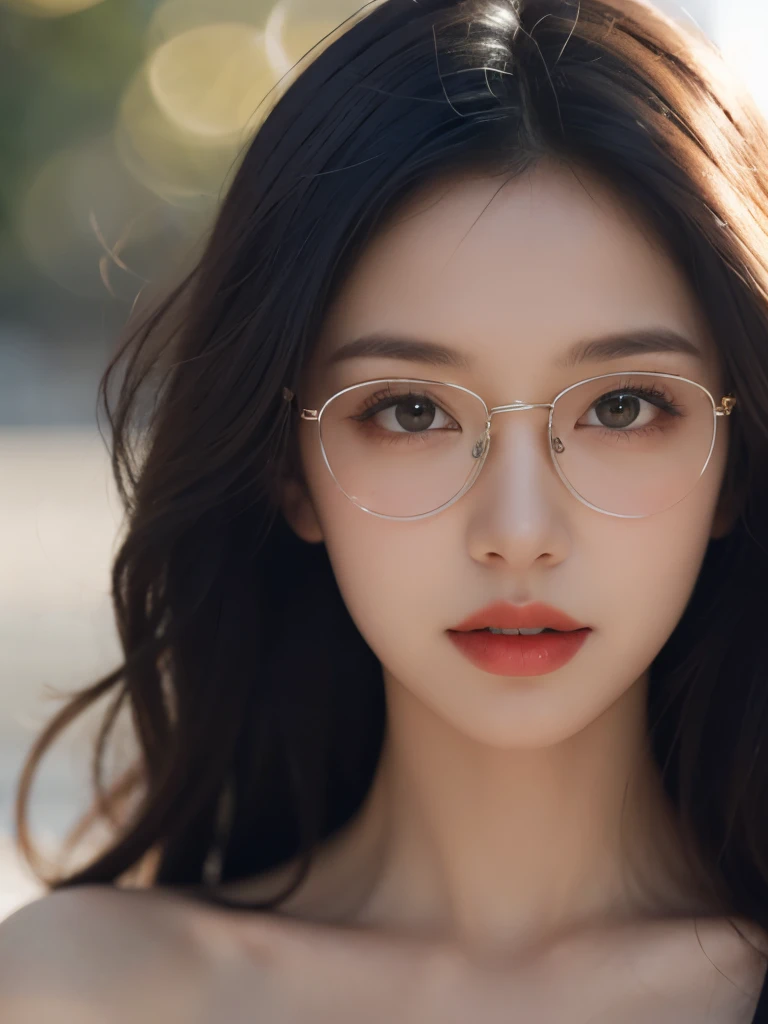 Film portrait photography, 1 girl, bare shoulders,lipstick,(flat chest:1.4), wavy shoulder-length hair, wear glasses,serene, calm, (Realistic and detailed eyes, natural skin texture, Realistic facial details), Soft dramatic lighting, depth of field, Bokeh, Vibrant details, Detailed and detailed, surreal, 35mm film, hazy, ,