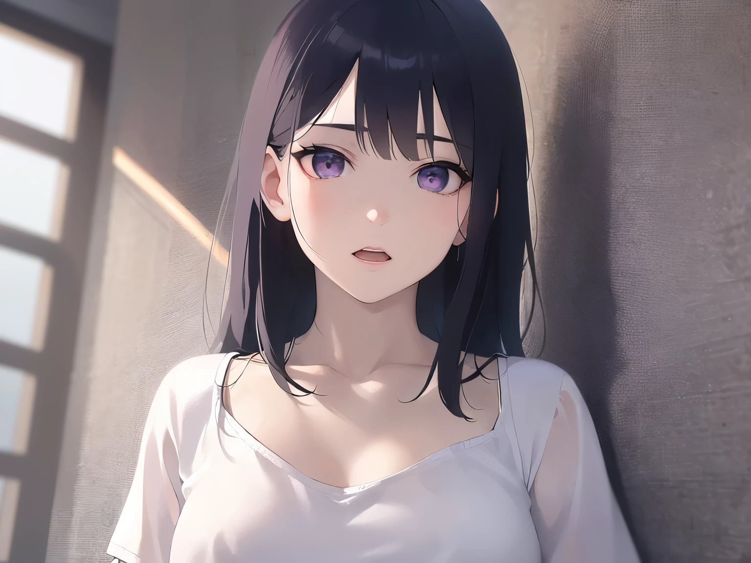 Realistic, real person, (pale skin: 1.2), RAW photo, photorealistic, portrait photography, shiny skin, japanese idol、shiny hair、(25 year old woman with straight medium hair with bangs) and (black hair) and (purple eyes) , wearing a white T-shirt、 Bad mood, open mouth, The background is the living room、Alone、