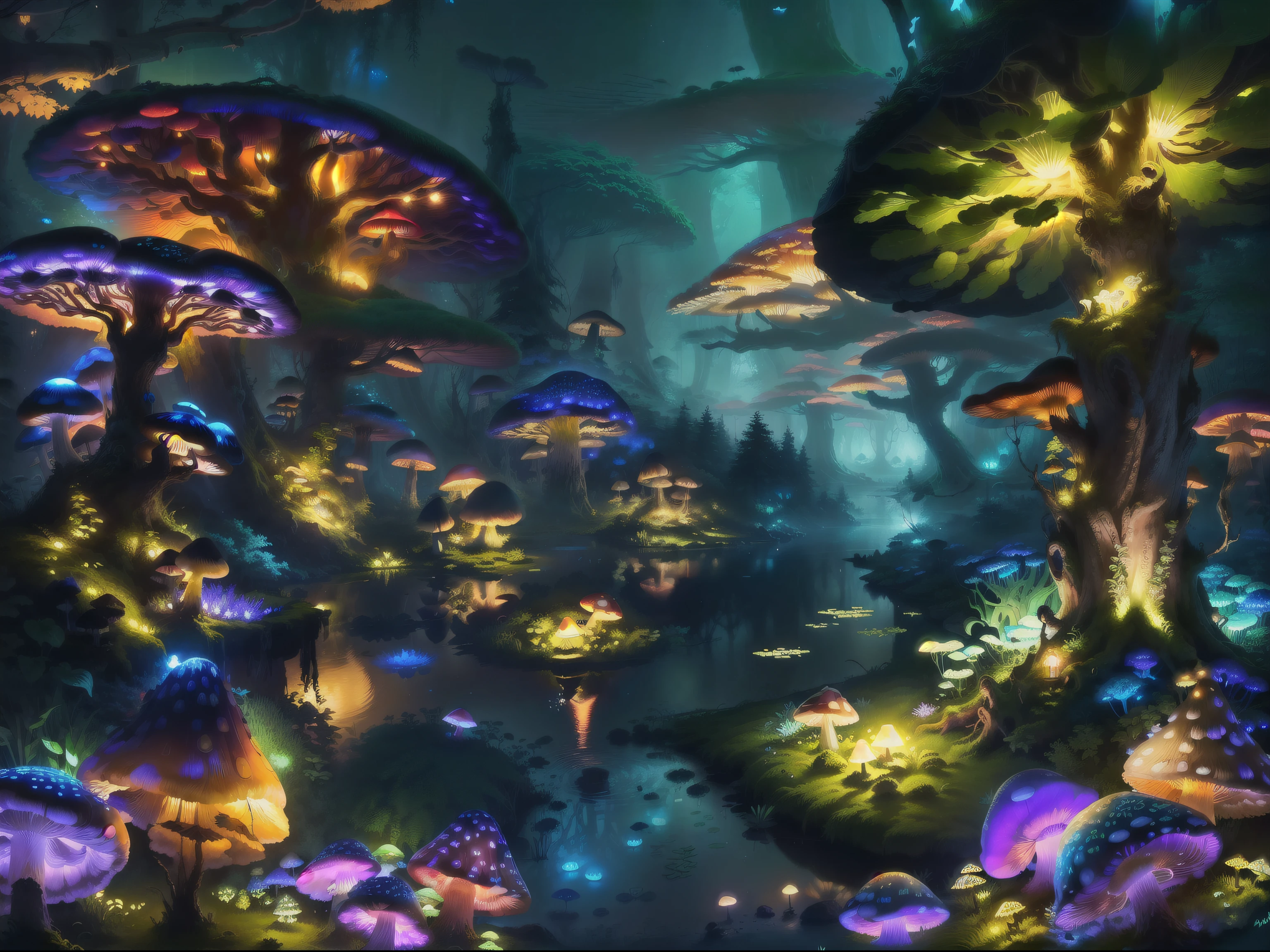 masterpiece, best quality, (best quality), (Best Illustration), (best shadow), (night), mushroom forest at night, There is a lake in the middle, Glowing little mushrooms by the lake, Surrounded by exquisite forest, (natural elements), (jungle theme), (leaf), (branch), (delicate leaf).