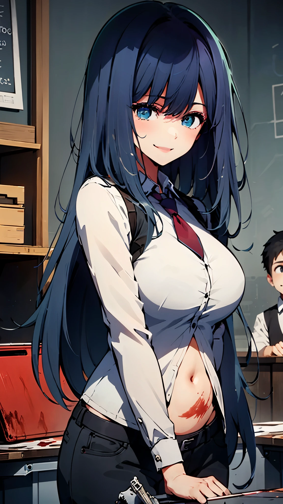 girl defeats boy, girl kills shota, girl is bullying a boy, girl is separated by blood from boy, girls has big breasts, girl has long sword with blood, girl is smiling, girl exposes belly, shot from below