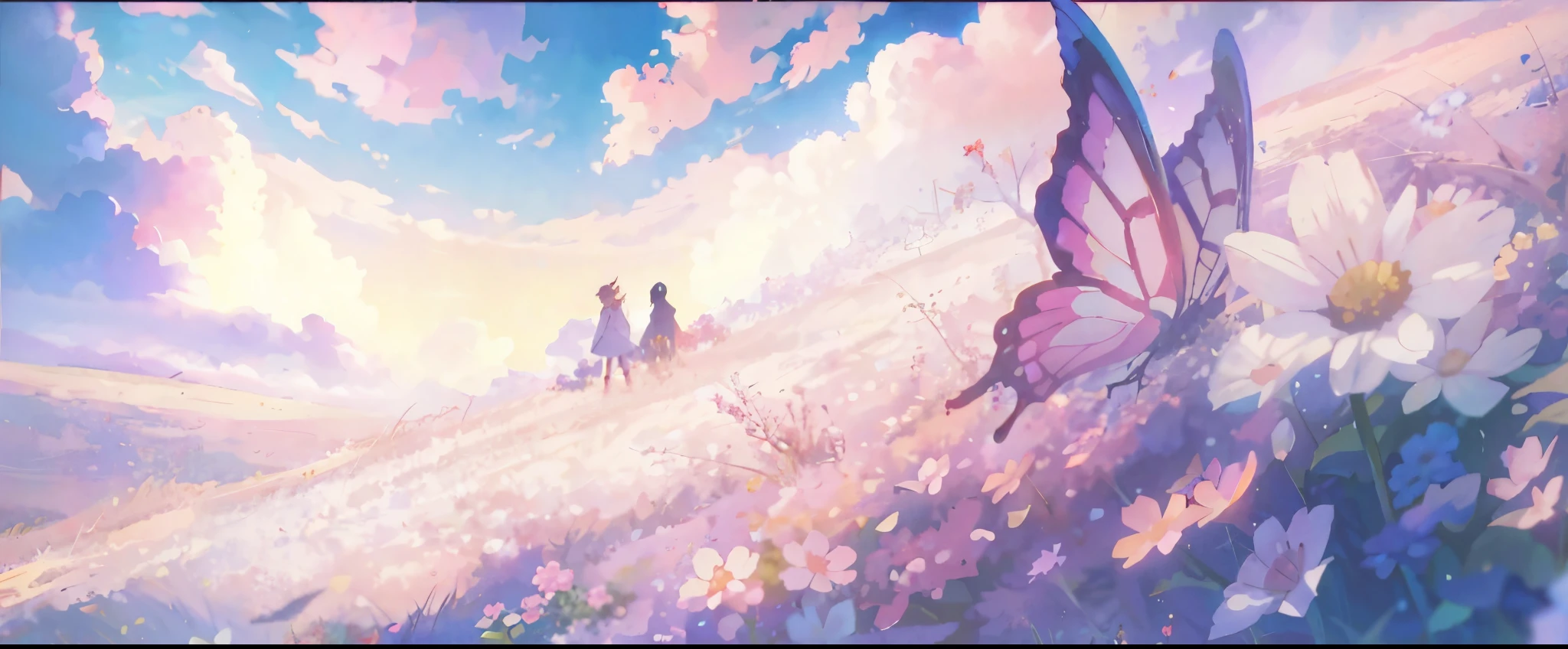 painting of a couple walking on a path with a butterfly in the sky, anime beautiful peace scene, beautiful anime scene, beautiful anime scenery, anime background, anime background art, anime movie background, colorful anime movie background, anime landscape, ( ( makoto shinkai ) ), anime scenery, anime countryside landscape, the most beautiful scene, beautiful anime